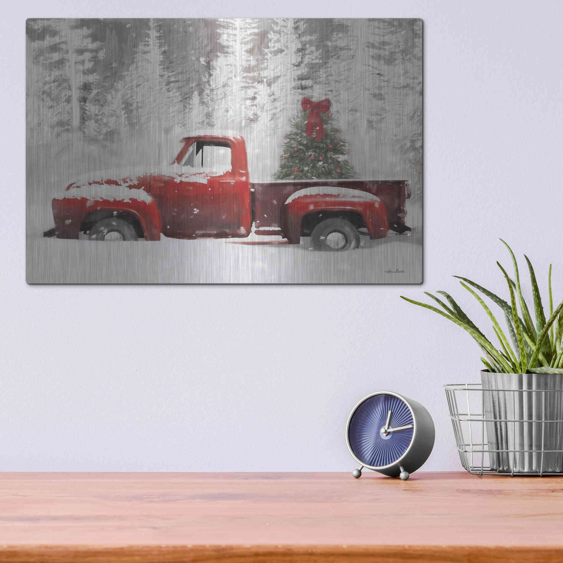 Luxe Metal Art 'Red Truck with Christmas Tree II' by Lori Deiter, Metal Wall Art,16x12