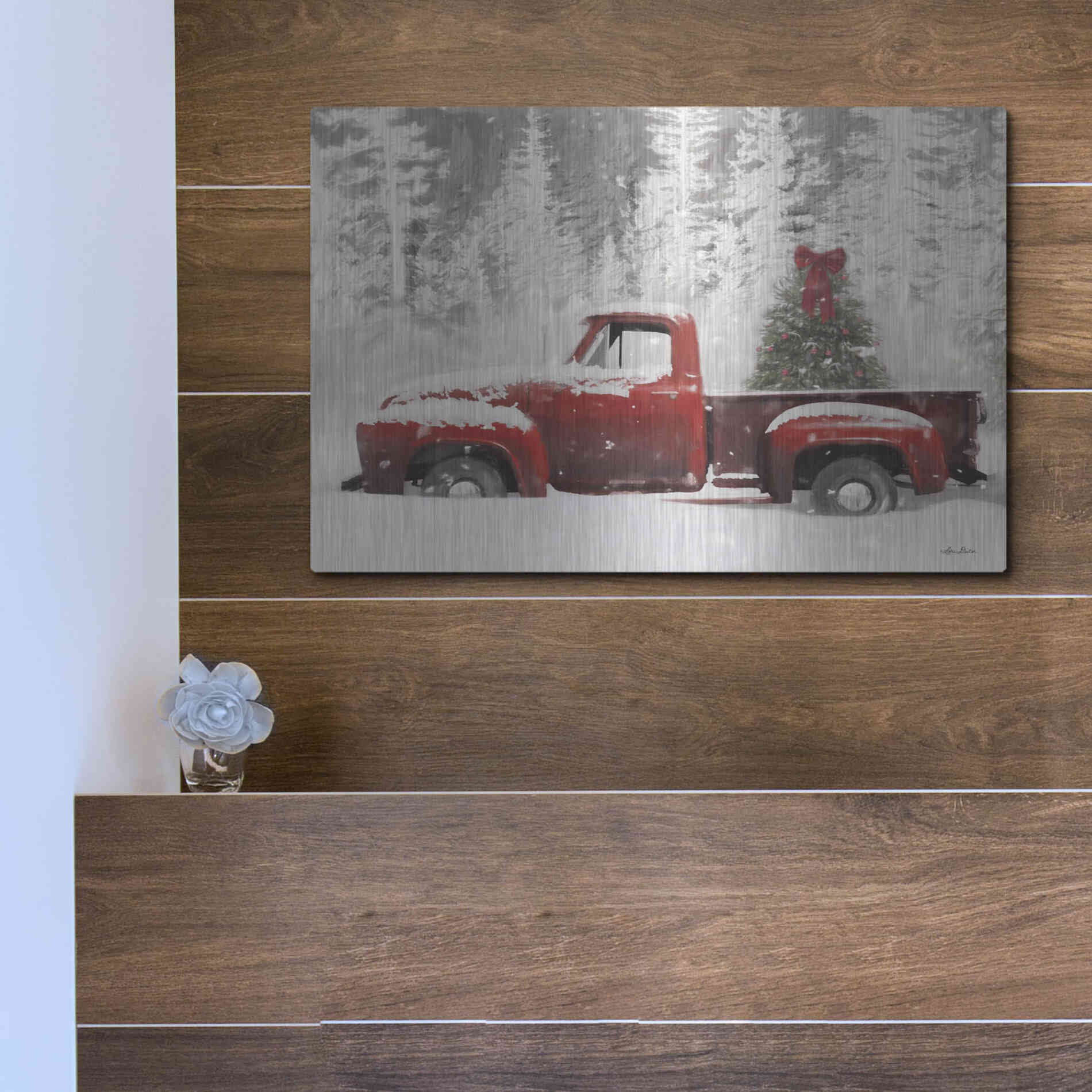 Luxe Metal Art 'Red Truck with Christmas Tree II' by Lori Deiter, Metal Wall Art,16x12