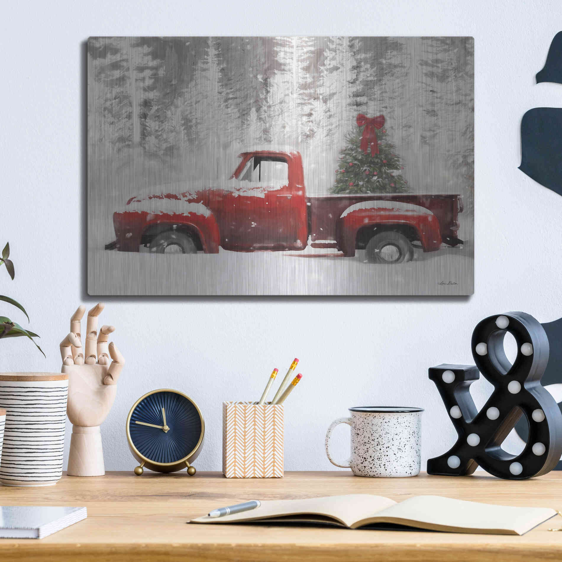 Luxe Metal Art 'Red Truck with Christmas Tree II' by Lori Deiter, Metal Wall Art,16x12