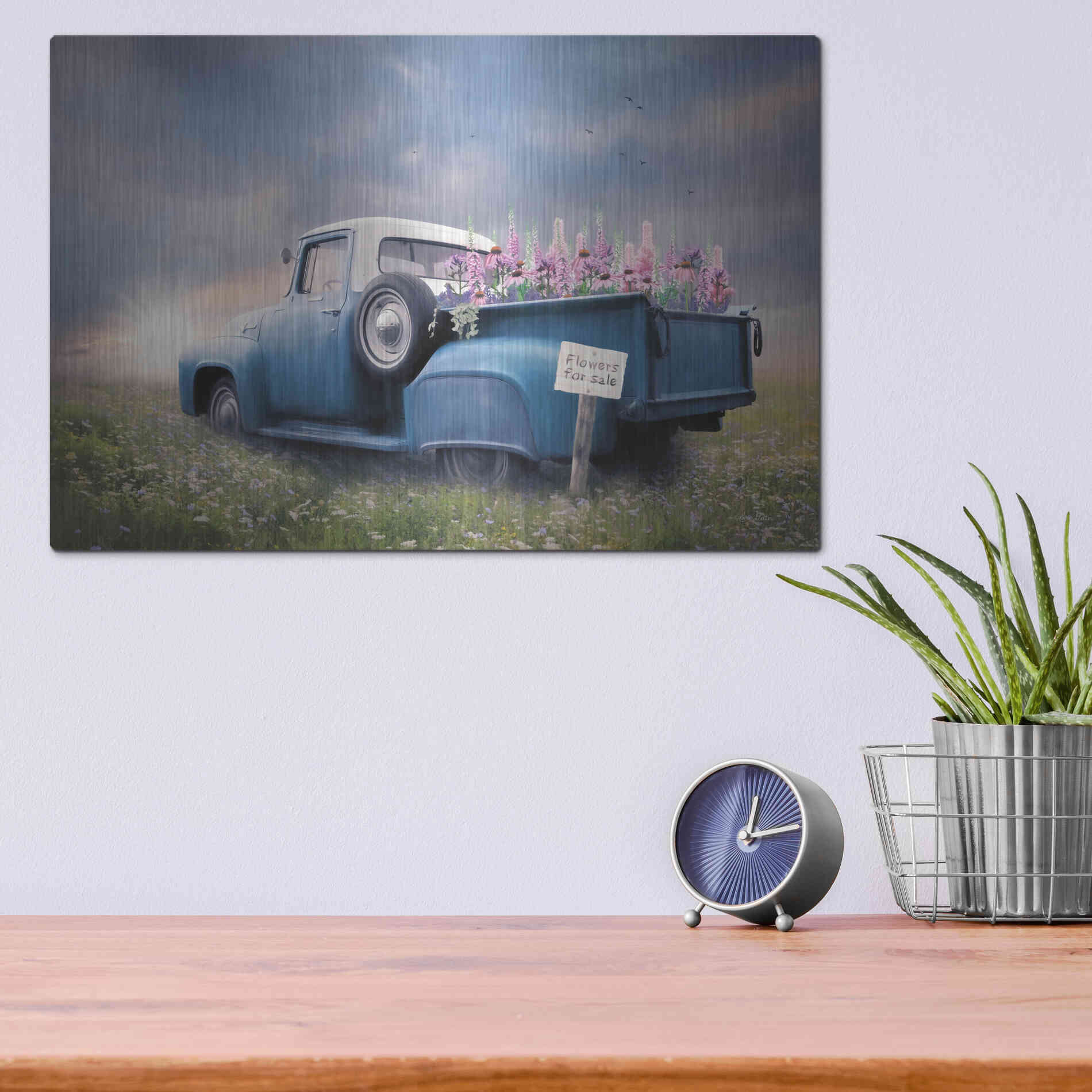 Luxe Metal Art 'Blue Ford with Foxglove Flowers' by Lori Deiter, Metal Wall Art,16x12