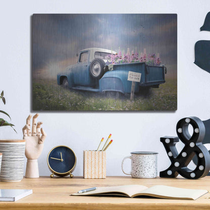 Luxe Metal Art 'Blue Ford with Foxglove Flowers' by Lori Deiter, Metal Wall Art,16x12