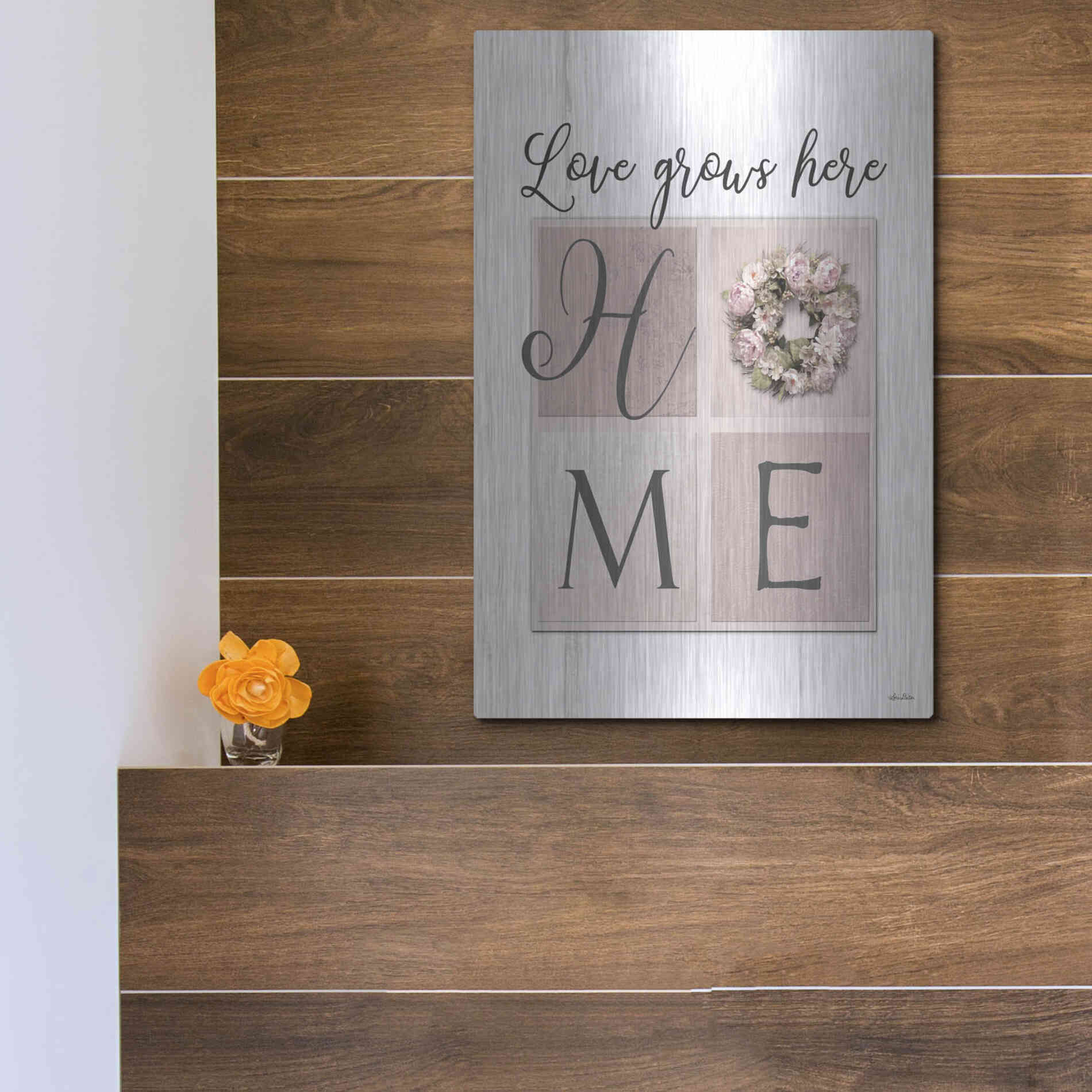 Luxe Metal Art 'Love Grows Here Home' by Lori Deiter, Metal Wall Art,12x16