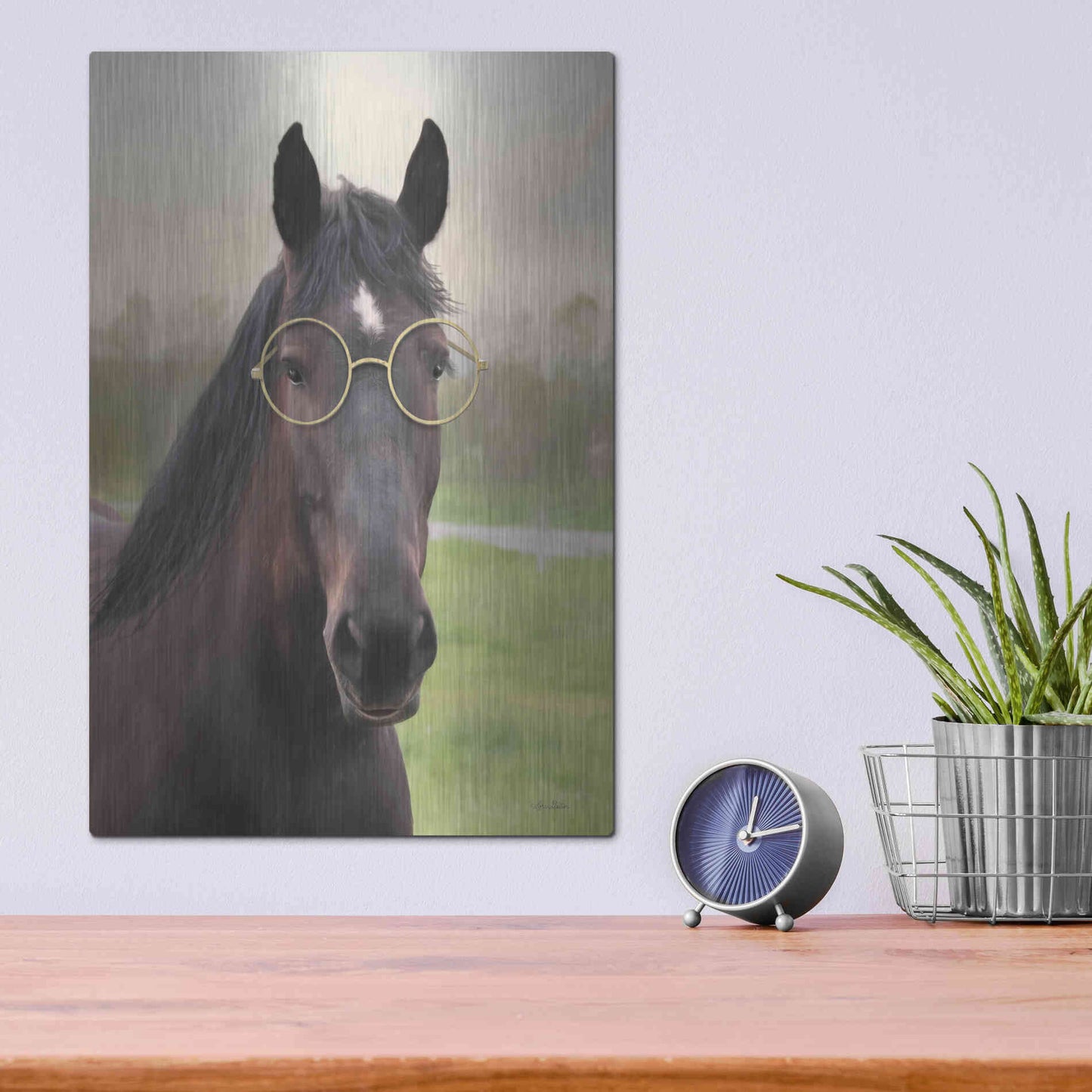 Luxe Metal Art 'Horse with Round Glasses' by Lori Deiter, Metal Wall Art,12x16