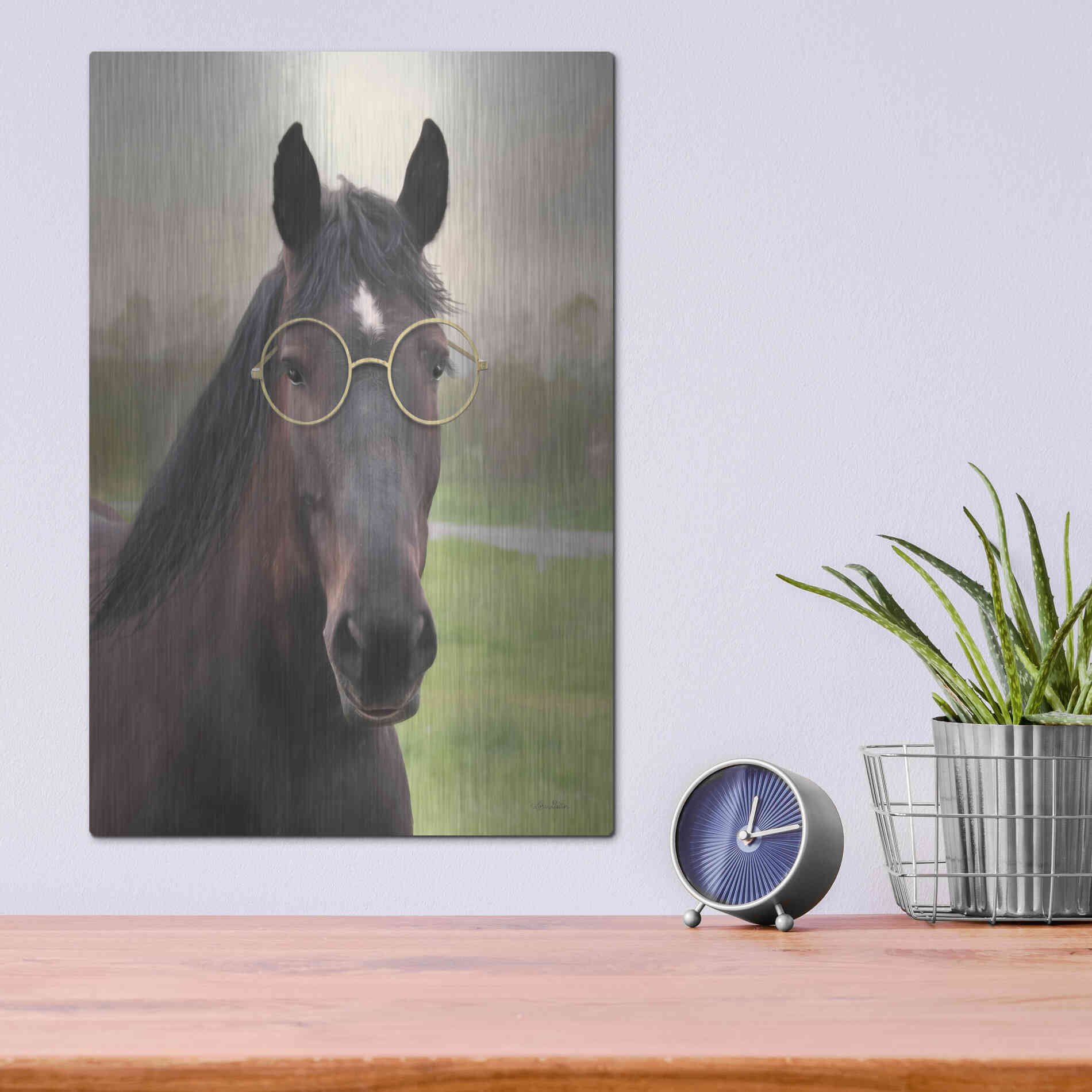 Luxe Metal Art 'Horse with Round Glasses' by Lori Deiter, Metal Wall Art,12x16