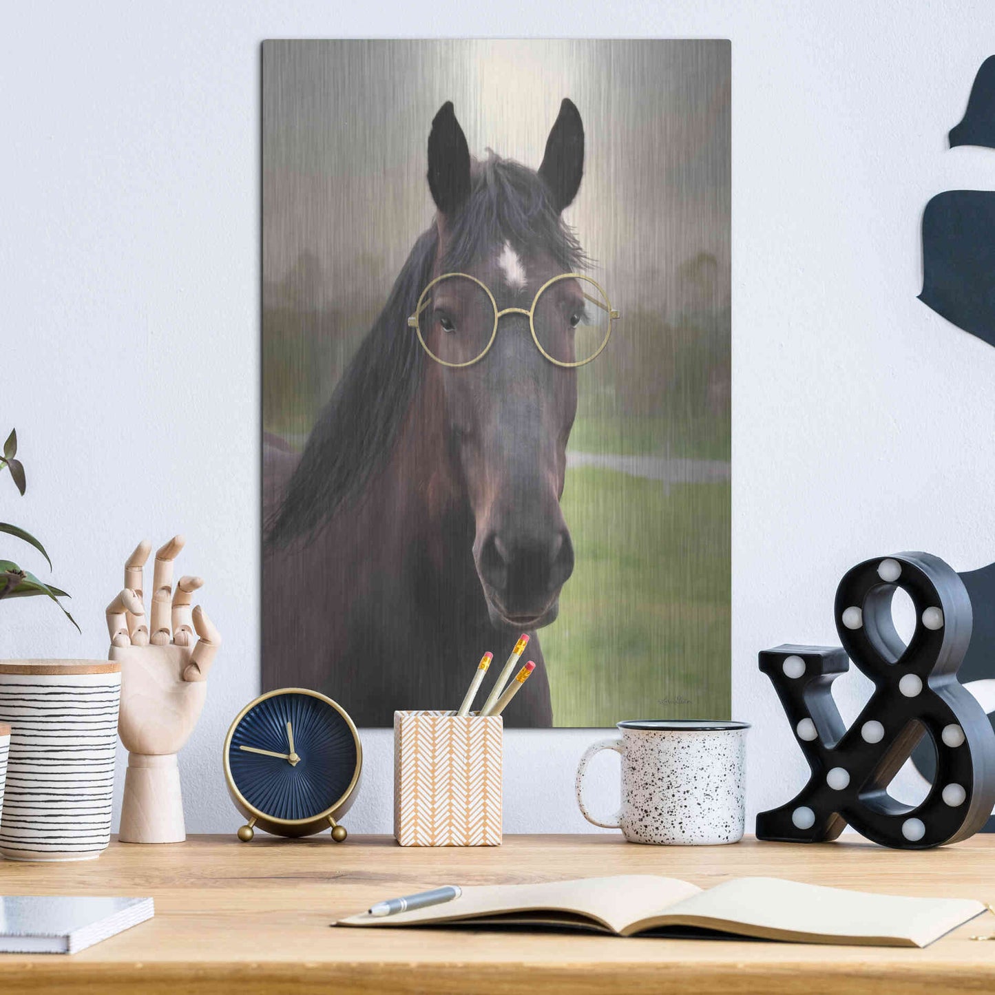 Luxe Metal Art 'Horse with Round Glasses' by Lori Deiter, Metal Wall Art,12x16