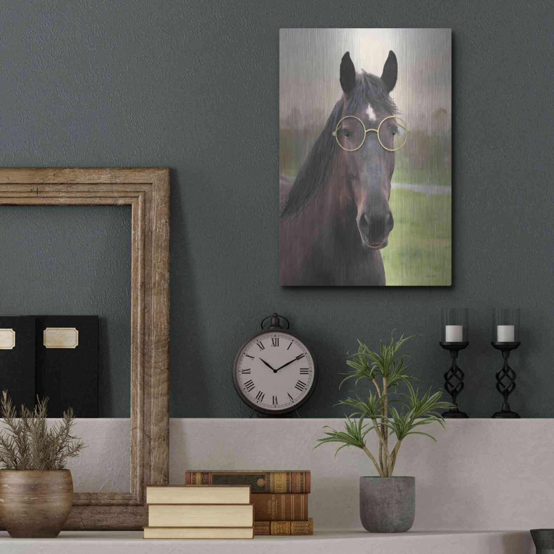 Luxe Metal Art 'Horse with Round Glasses' by Lori Deiter, Metal Wall Art,12x16