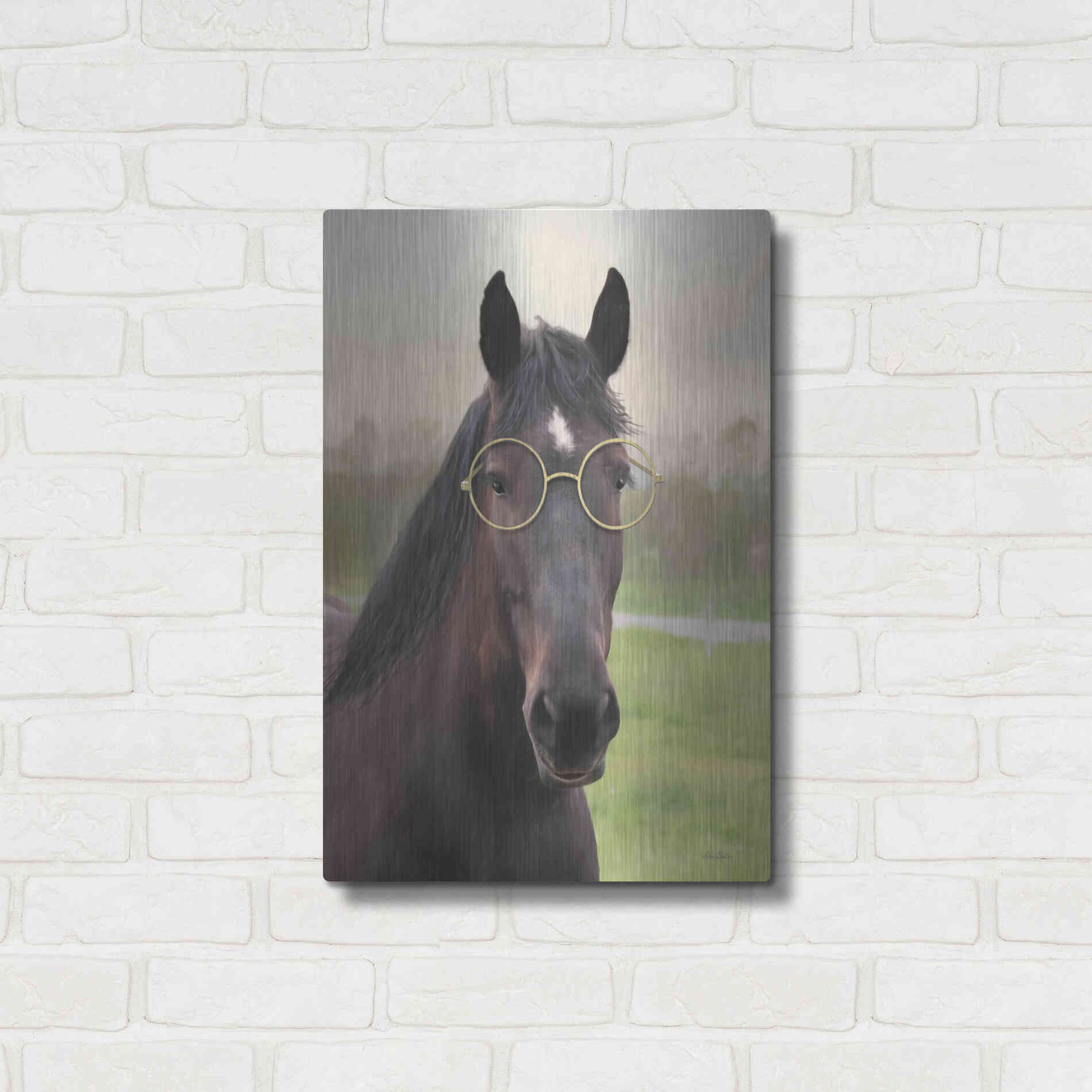 Luxe Metal Art 'Horse with Round Glasses' by Lori Deiter, Metal Wall Art,16x24