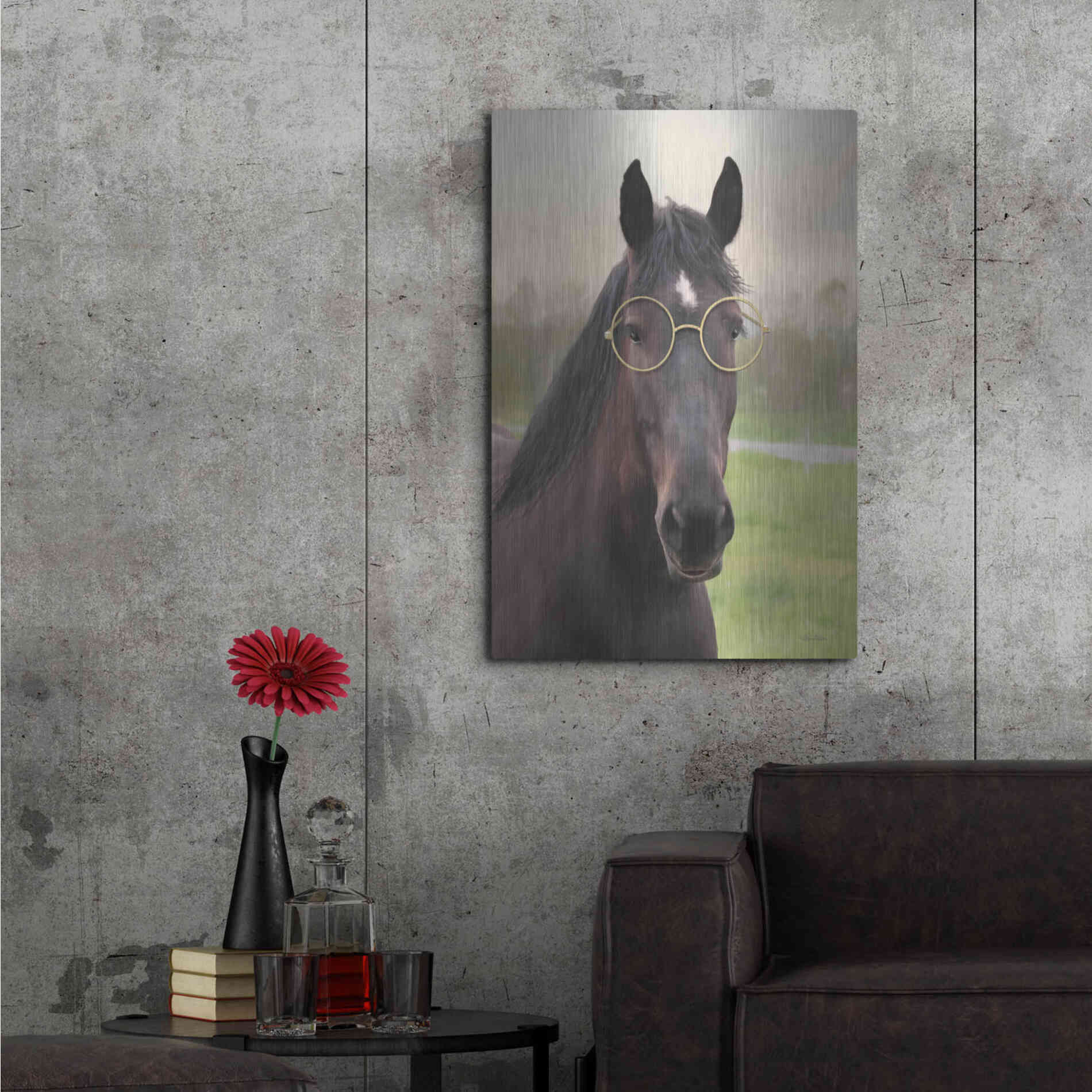 Luxe Metal Art 'Horse with Round Glasses' by Lori Deiter, Metal Wall Art,24x36