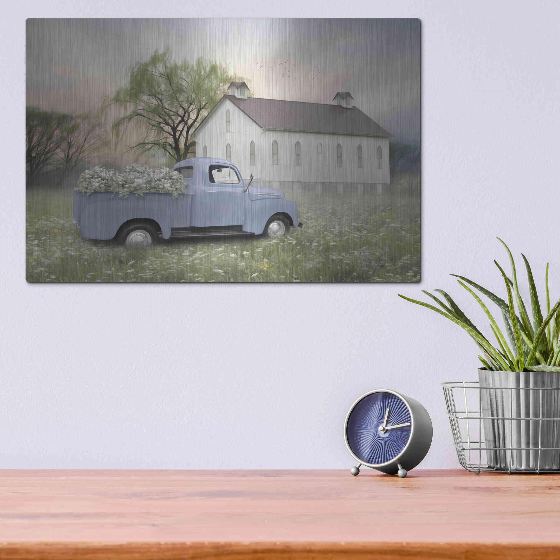 Luxe Metal Art 'Blue Ford at Barn' by Lori Deiter, Metal Wall Art,16x12
