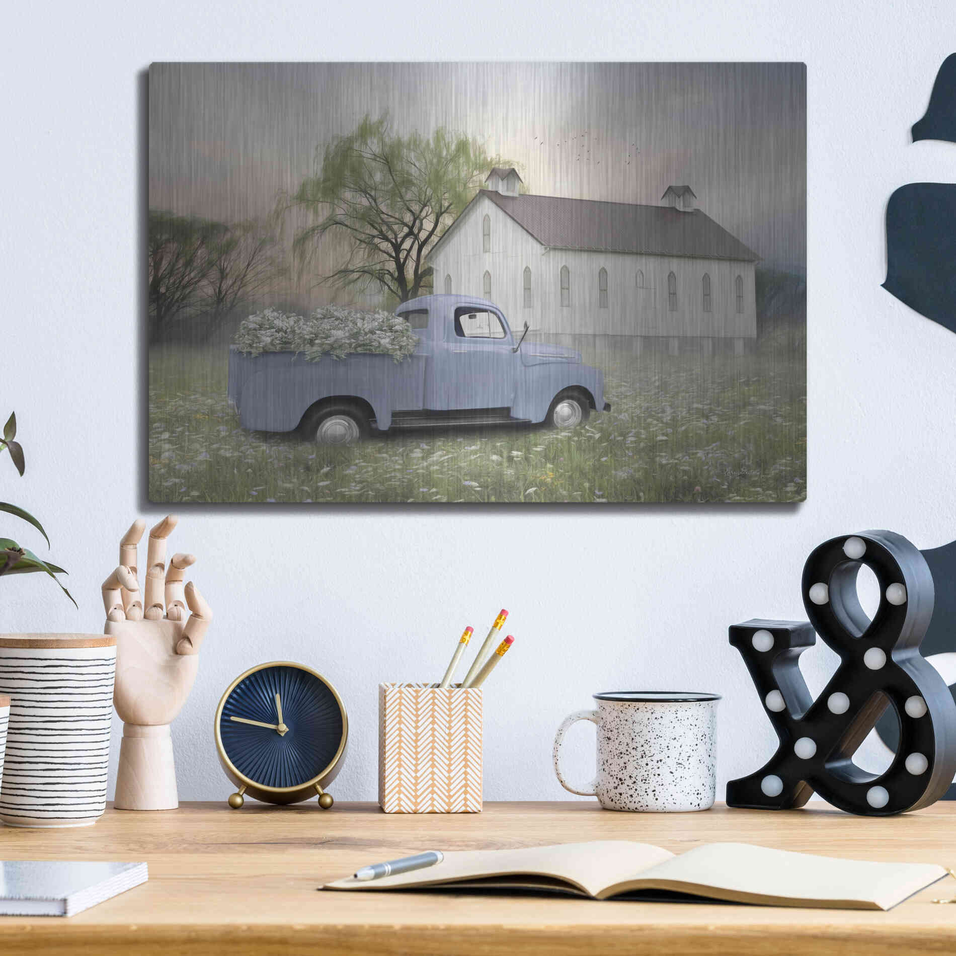 Luxe Metal Art 'Blue Ford at Barn' by Lori Deiter, Metal Wall Art,16x12