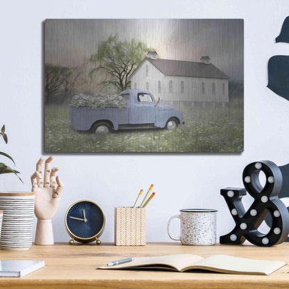 Luxe Metal Art 'Blue Ford at Barn' by Lori Deiter, Metal Wall Art,16x12