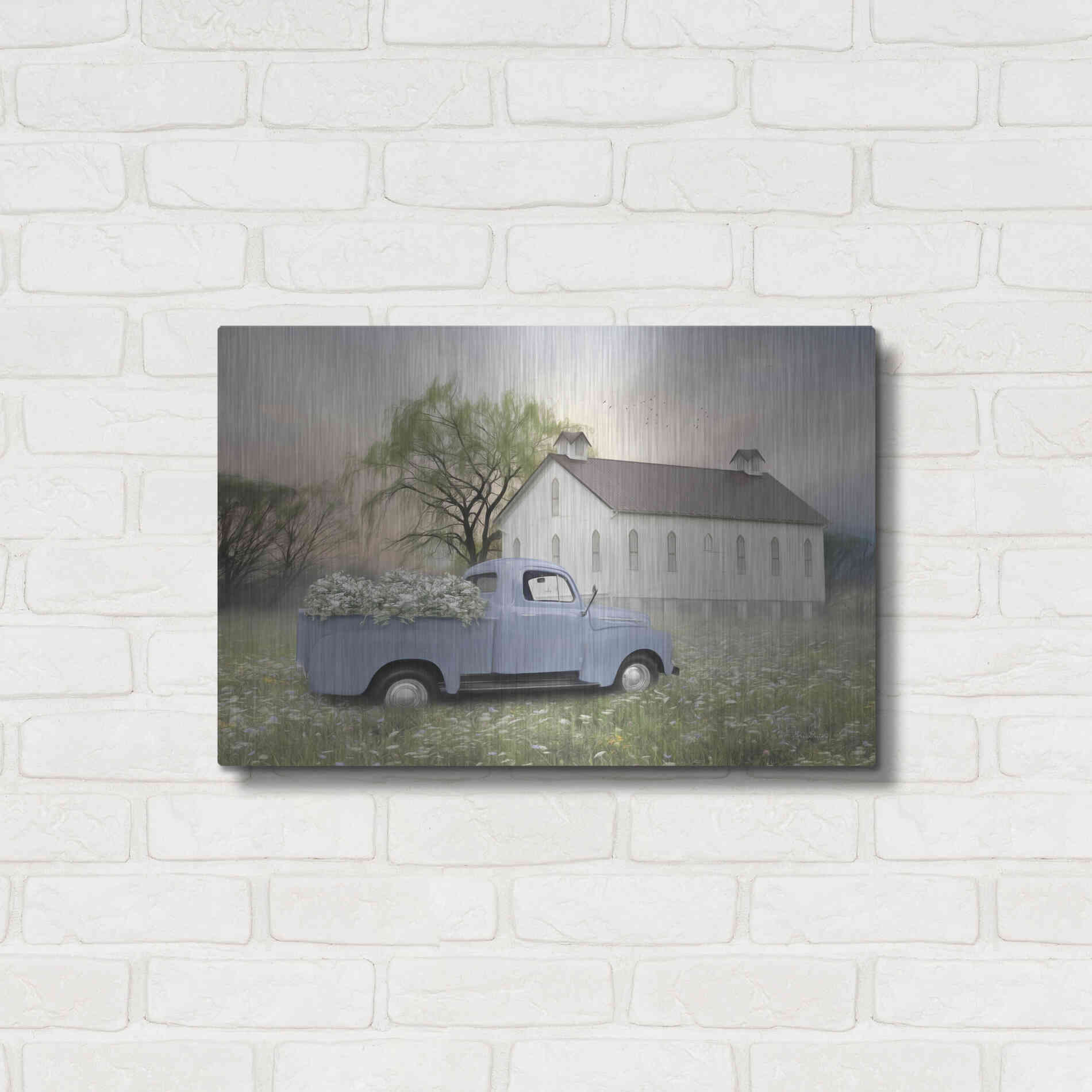 Luxe Metal Art 'Blue Ford at Barn' by Lori Deiter, Metal Wall Art,24x16