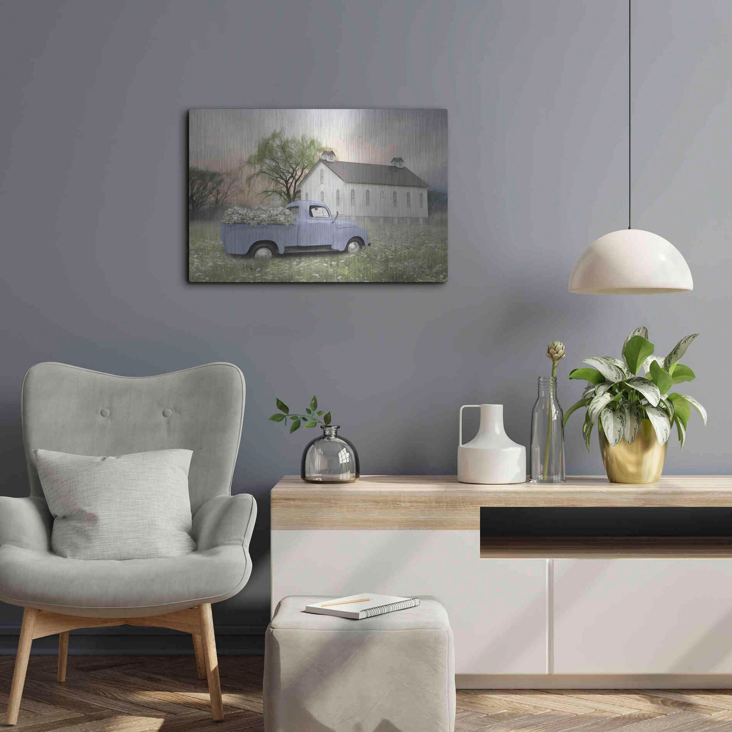 Luxe Metal Art 'Blue Ford at Barn' by Lori Deiter, Metal Wall Art,24x16