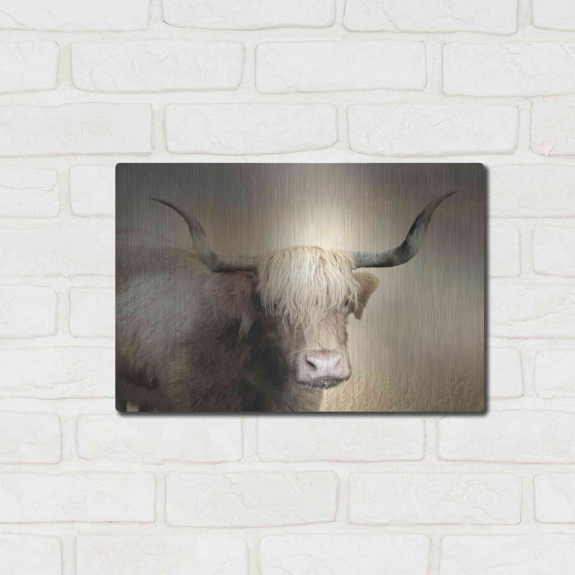 Luxe Metal Art 'Highland Cow in Golden Grass' by Lori Deiter, Metal Wall Art,16x12