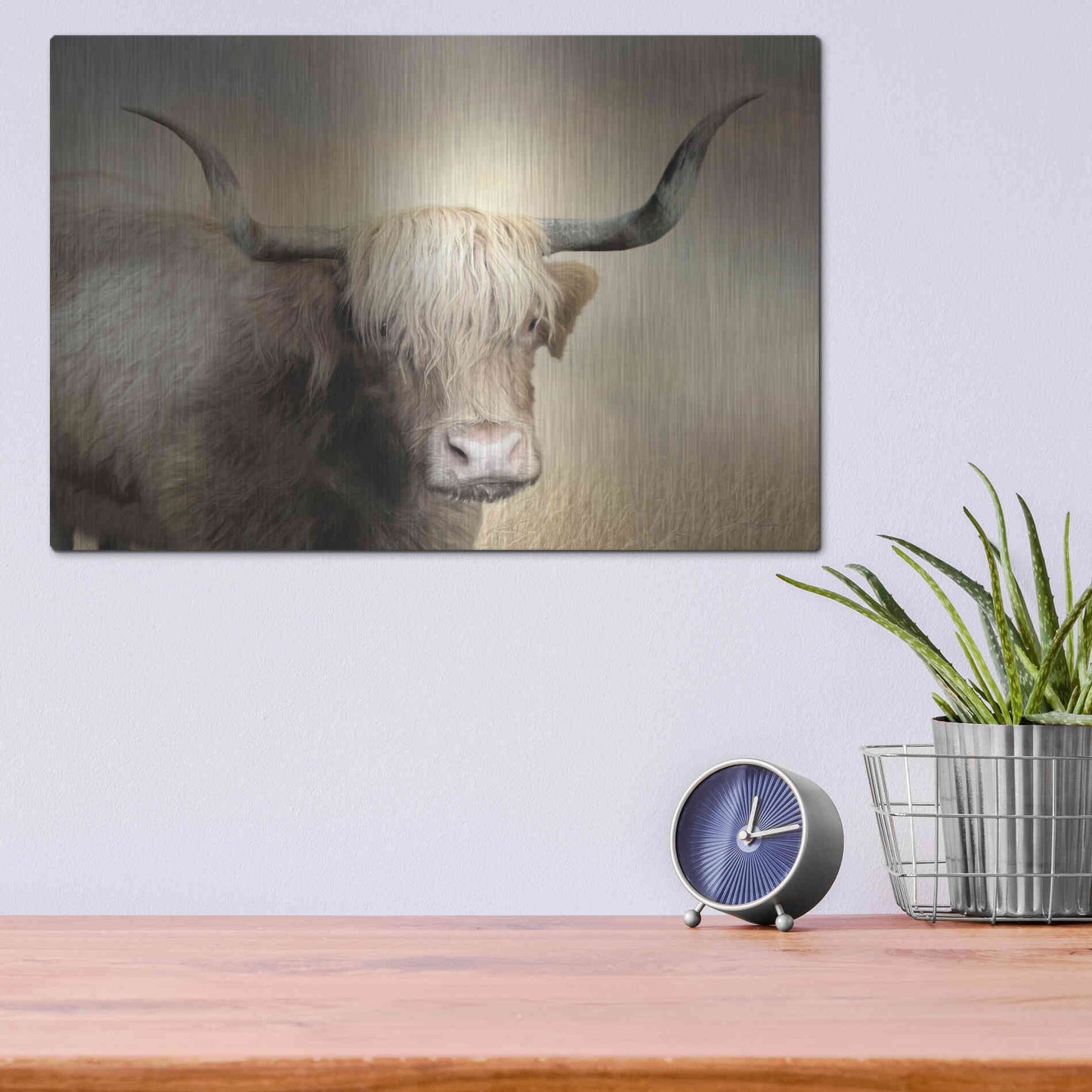 Luxe Metal Art 'Highland Cow in Golden Grass' by Lori Deiter, Metal Wall Art,16x12