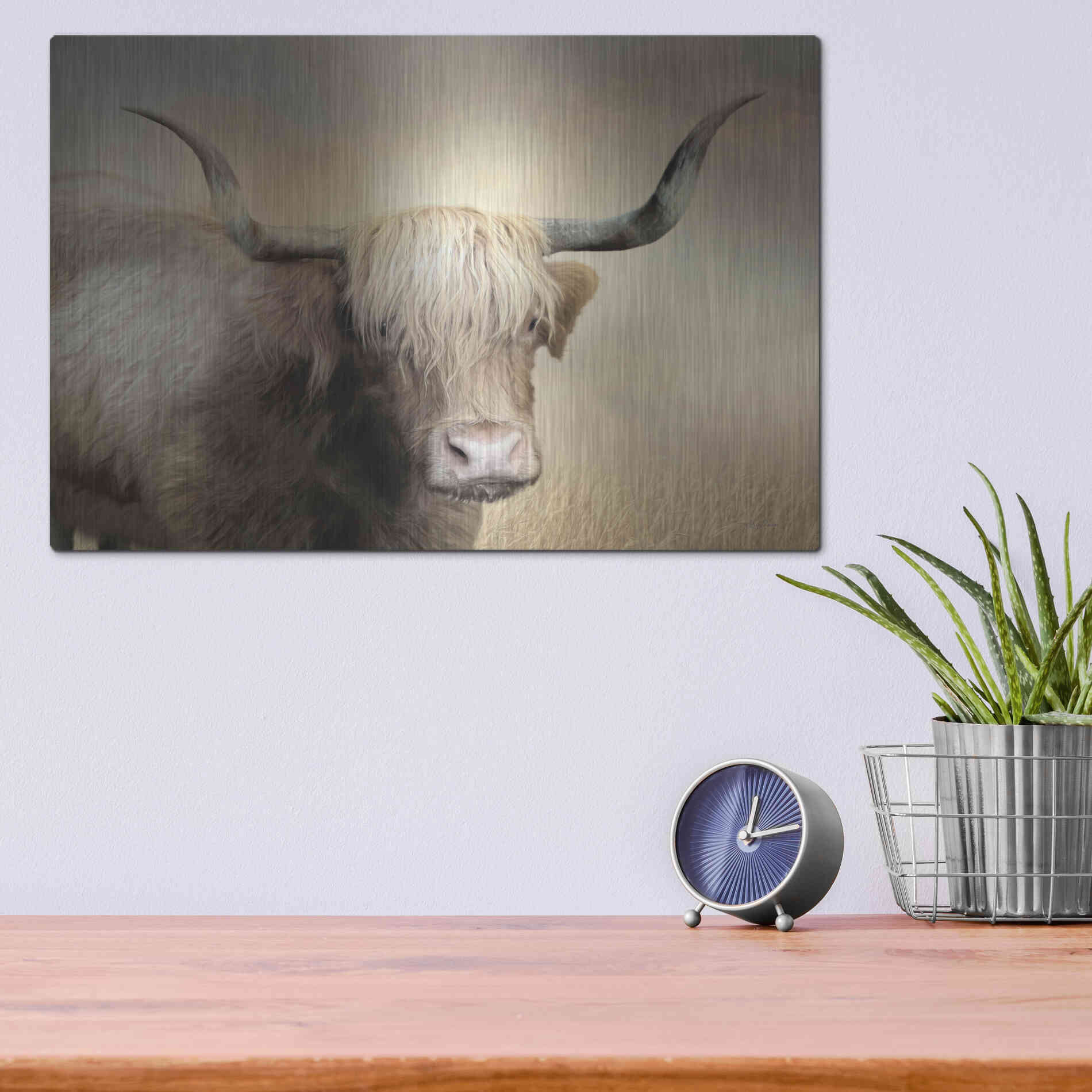 Luxe Metal Art 'Highland Cow in Golden Grass' by Lori Deiter, Metal Wall Art,16x12