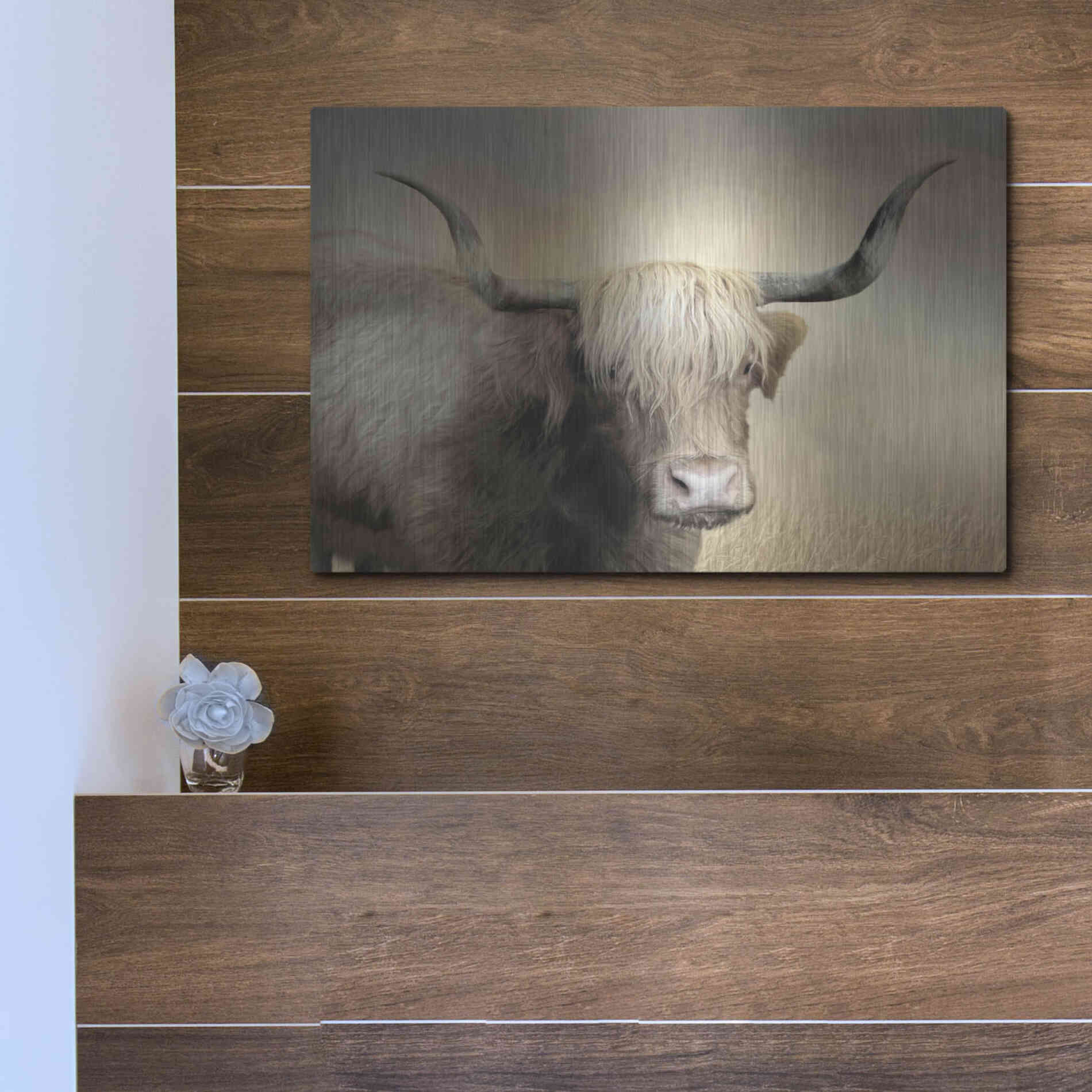 Luxe Metal Art 'Highland Cow in Golden Grass' by Lori Deiter, Metal Wall Art,16x12
