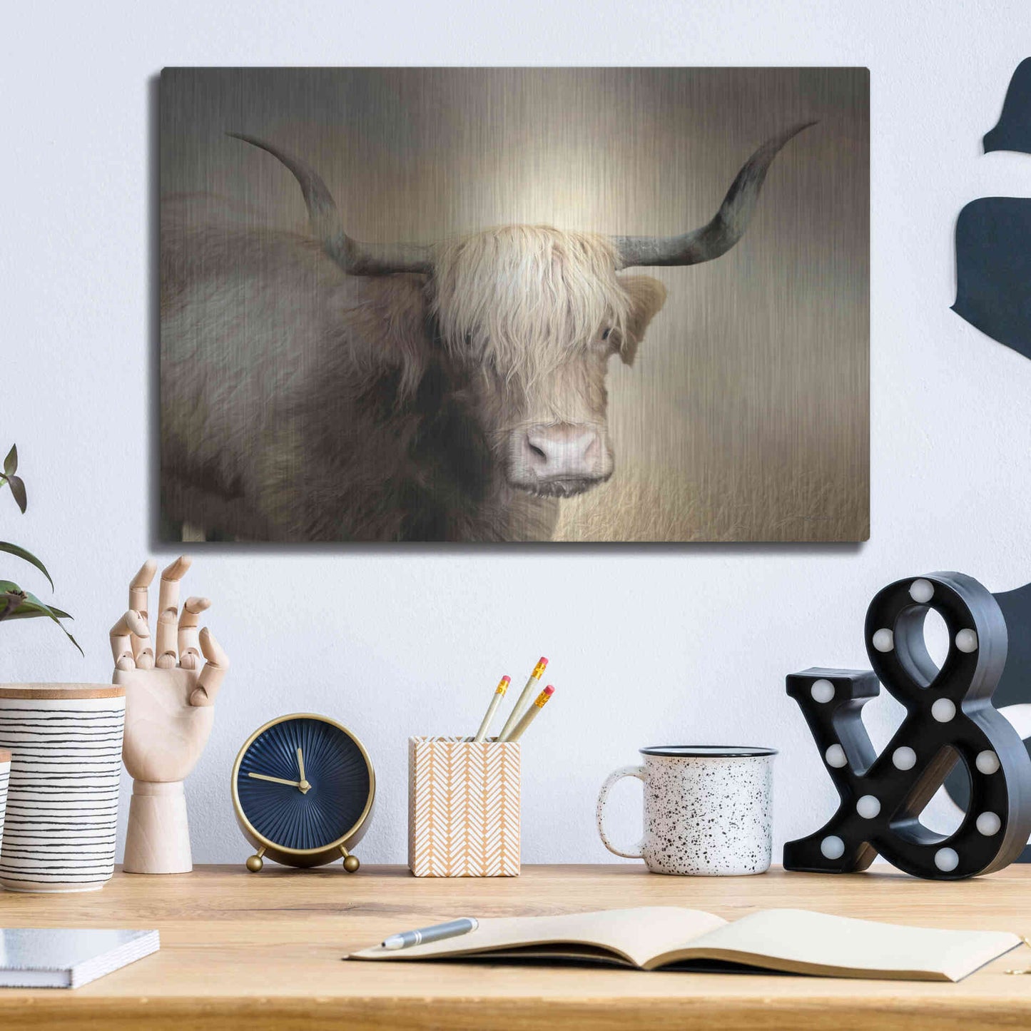 Luxe Metal Art 'Highland Cow in Golden Grass' by Lori Deiter, Metal Wall Art,16x12