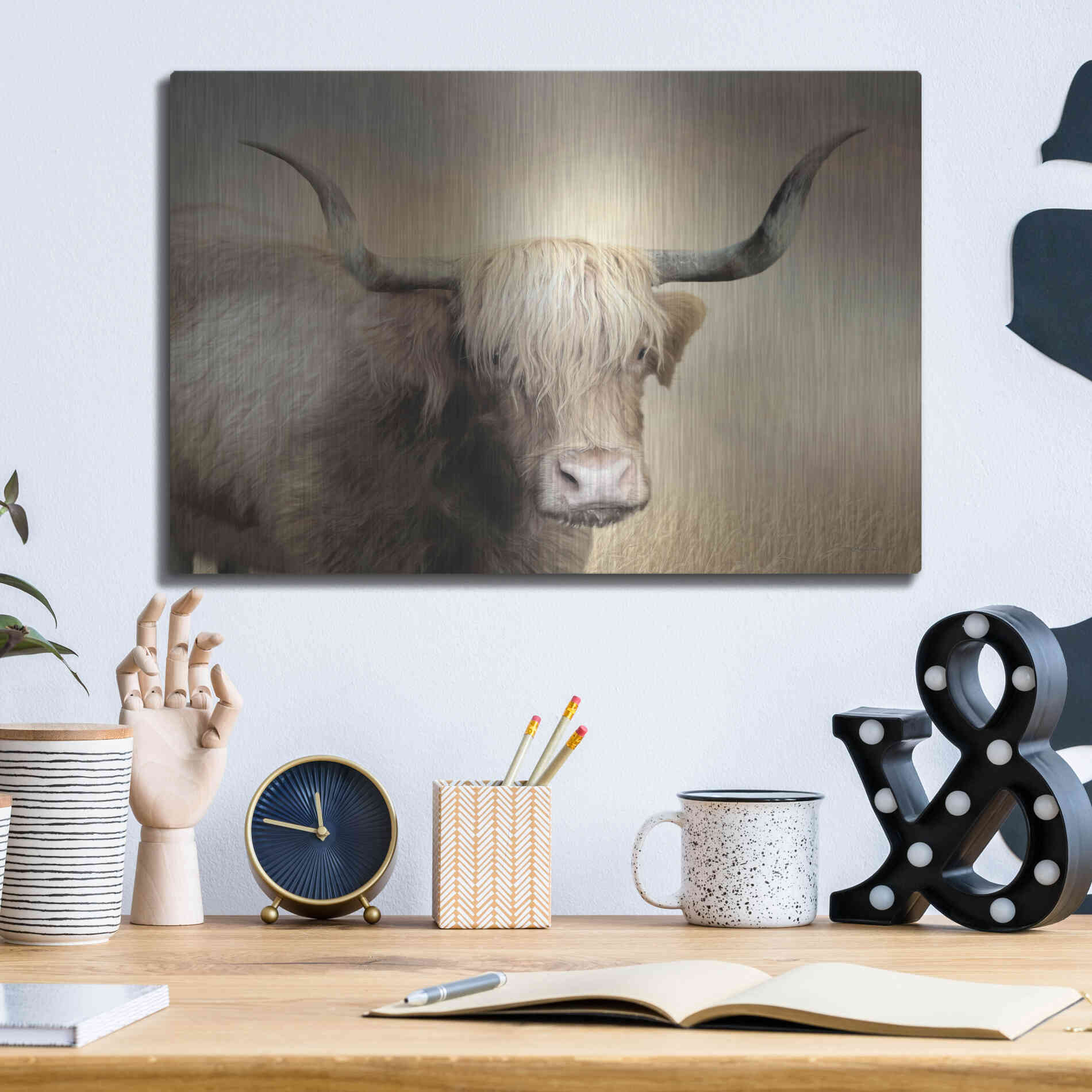 Luxe Metal Art 'Highland Cow in Golden Grass' by Lori Deiter, Metal Wall Art,16x12