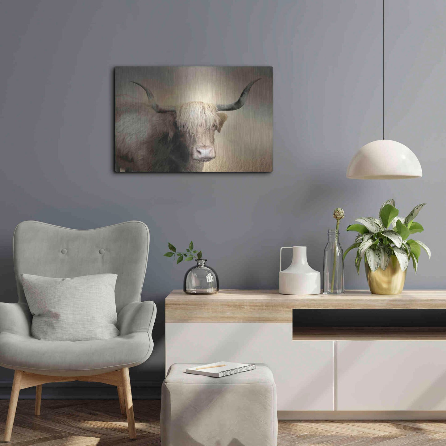 Luxe Metal Art 'Highland Cow in Golden Grass' by Lori Deiter, Metal Wall Art,24x16
