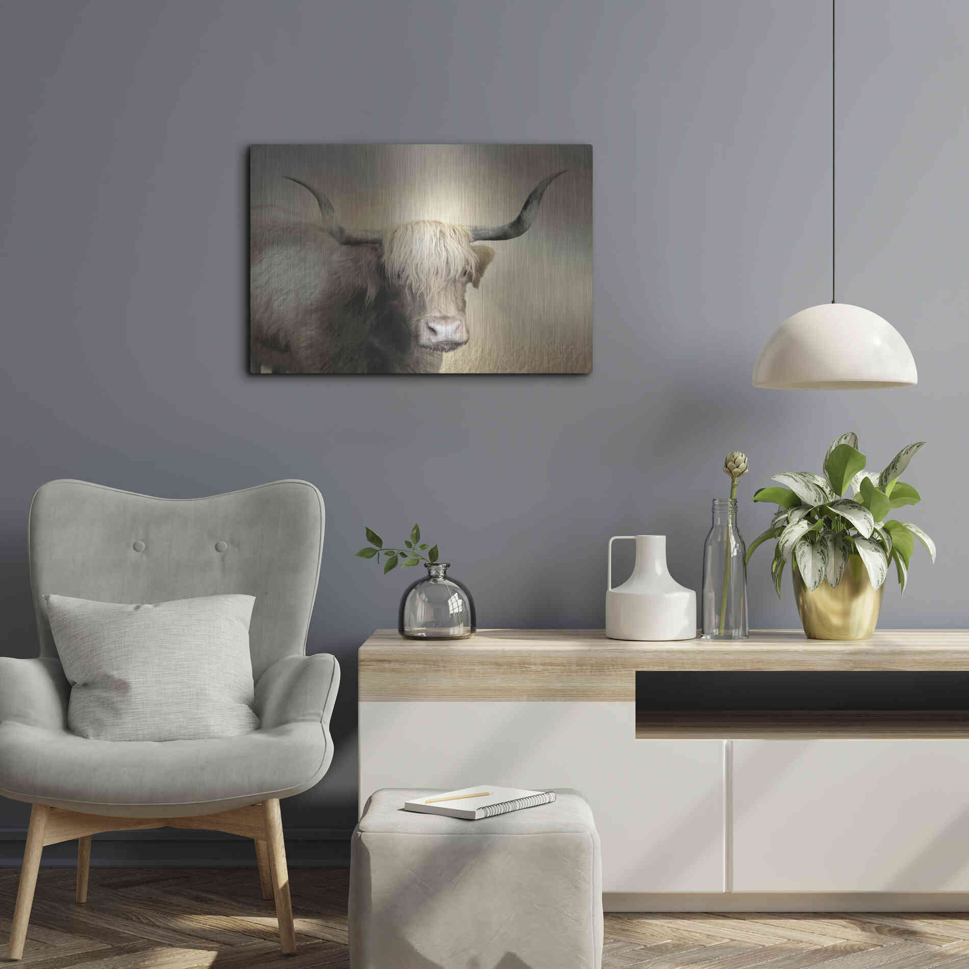 Luxe Metal Art 'Highland Cow in Golden Grass' by Lori Deiter, Metal Wall Art,24x16