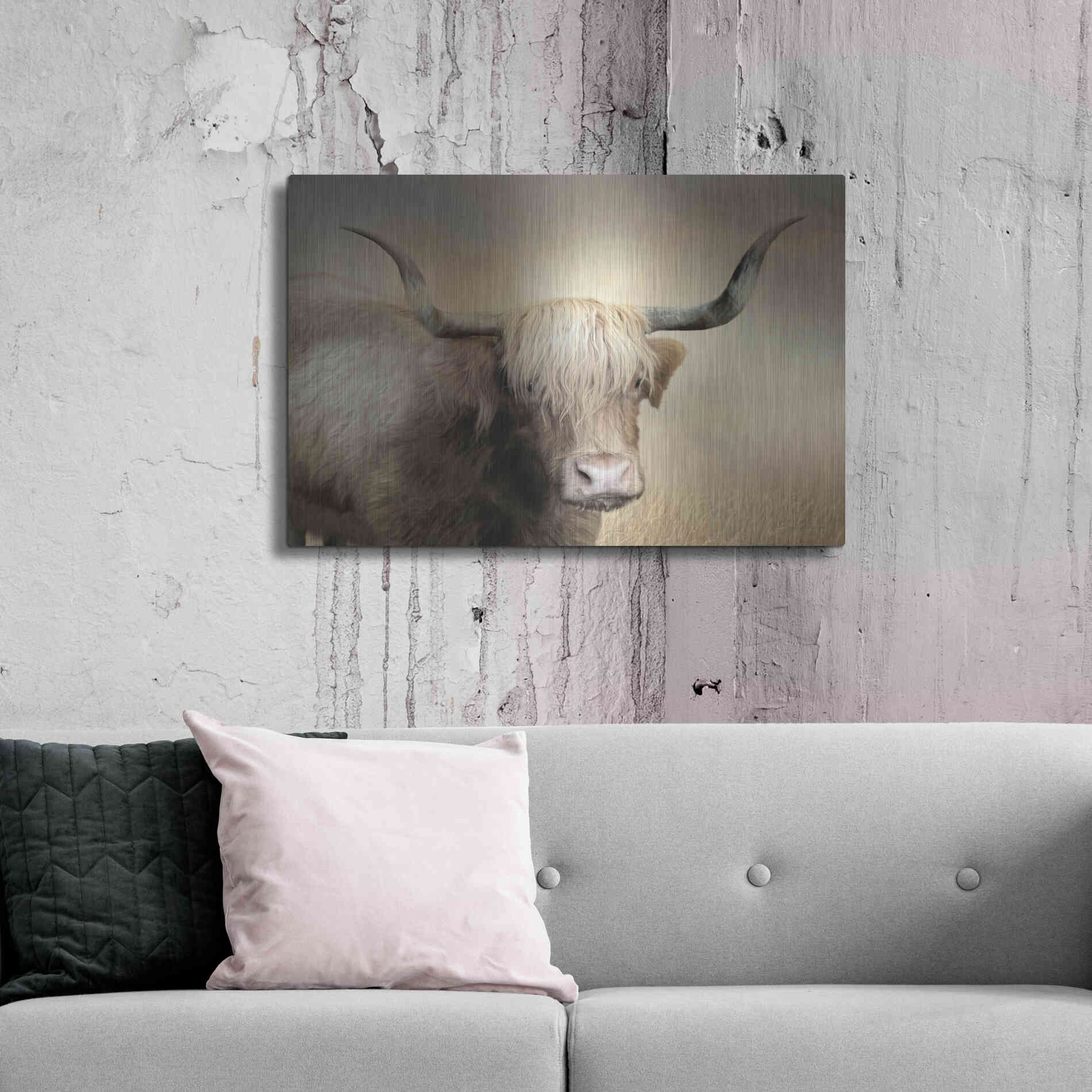 Luxe Metal Art 'Highland Cow in Golden Grass' by Lori Deiter, Metal Wall Art,36x24