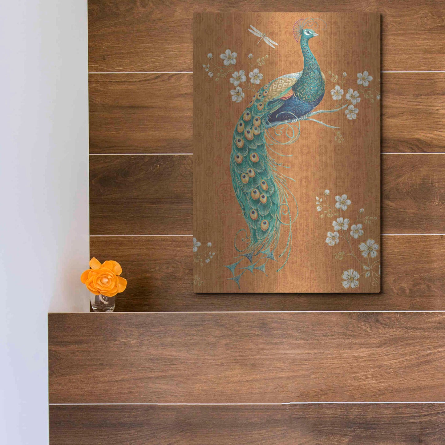 Luxe Metal Art 'Ornate Peacock IX Spice' by Daphne Brissonet, Metal Wall Art,12x16