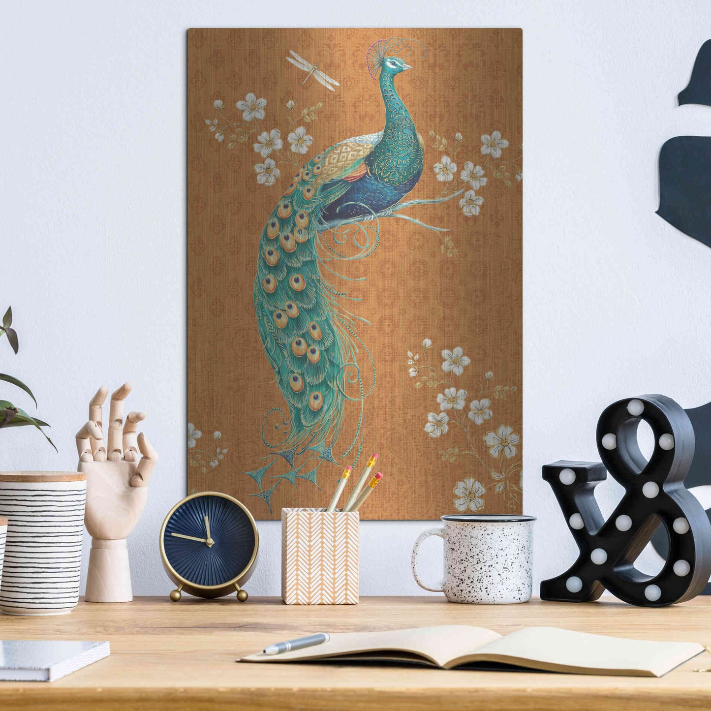Luxe Metal Art 'Ornate Peacock IX Spice' by Daphne Brissonet, Metal Wall Art,12x16