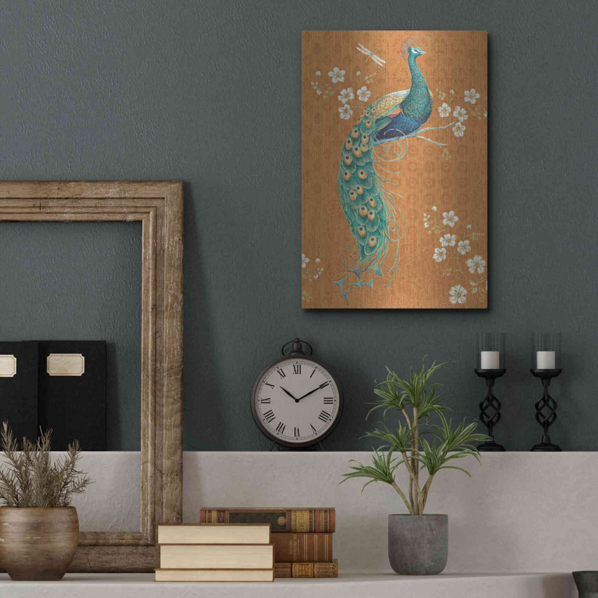 Luxe Metal Art 'Ornate Peacock IX Spice' by Daphne Brissonet, Metal Wall Art,12x16