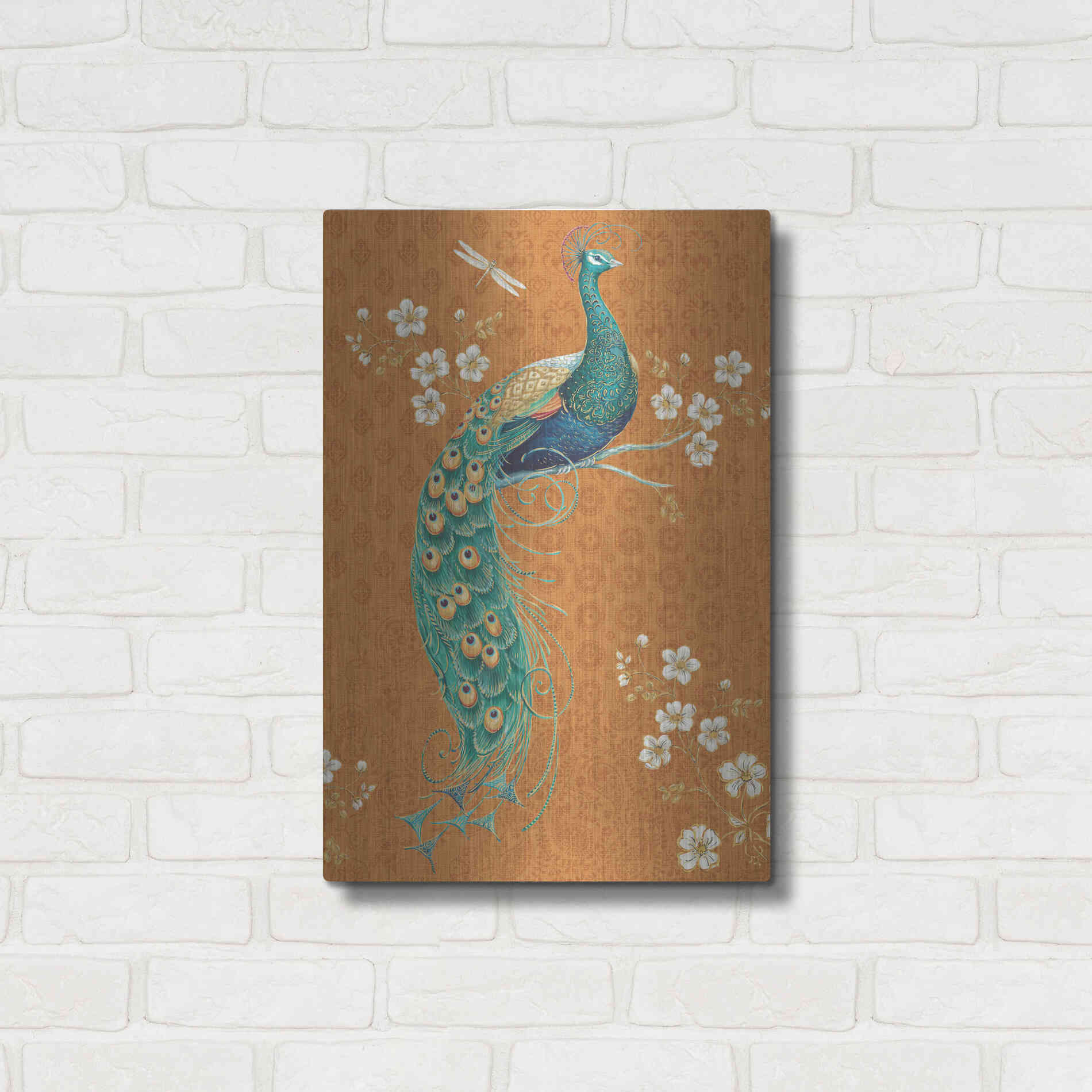 Luxe Metal Art 'Ornate Peacock IX Spice' by Daphne Brissonet, Metal Wall Art,16x24