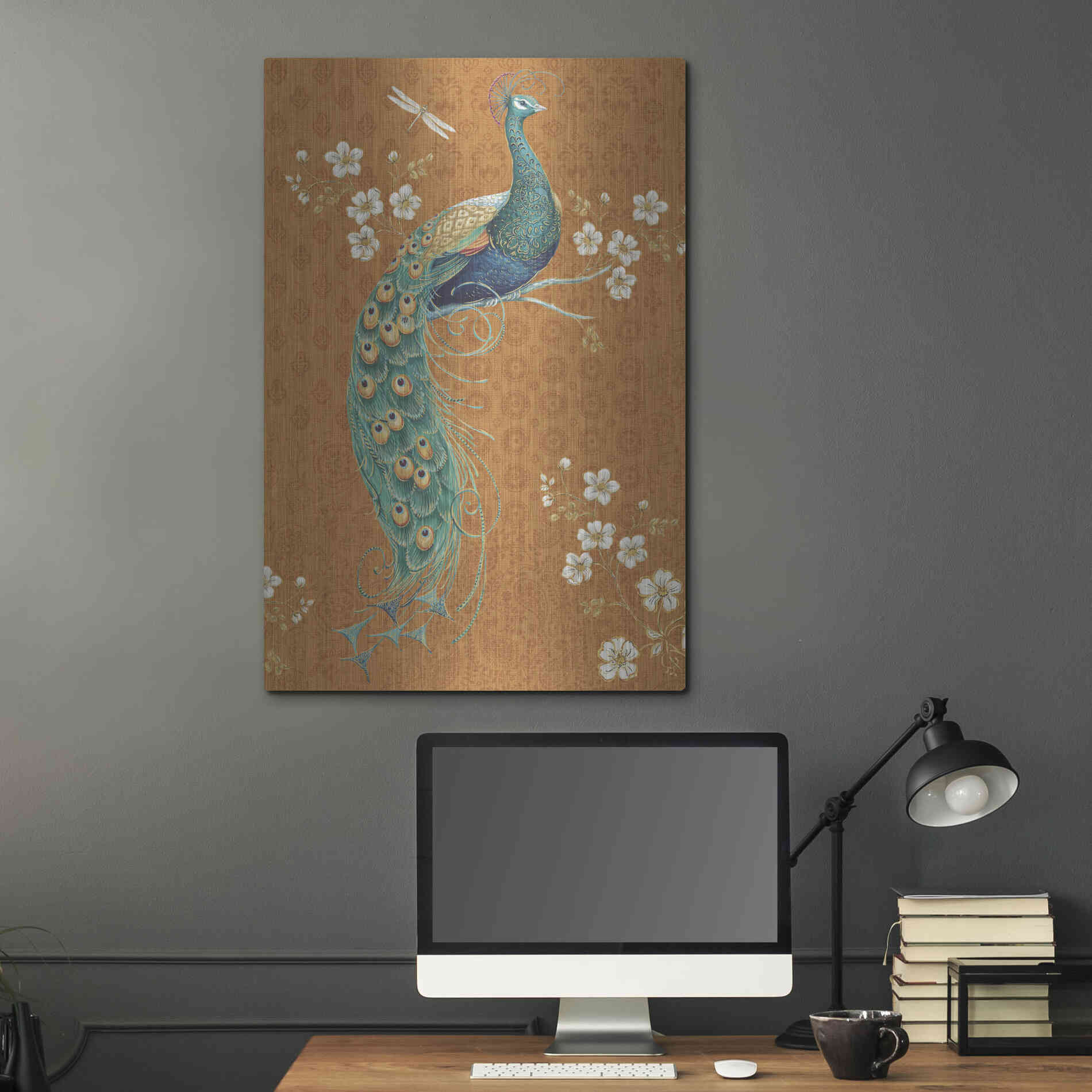 Luxe Metal Art 'Ornate Peacock IX Spice' by Daphne Brissonet, Metal Wall Art,24x36
