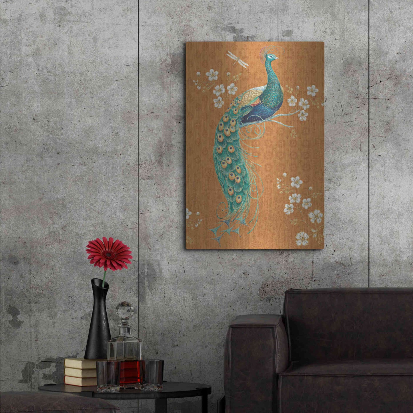 Luxe Metal Art 'Ornate Peacock IX Spice' by Daphne Brissonet, Metal Wall Art,24x36