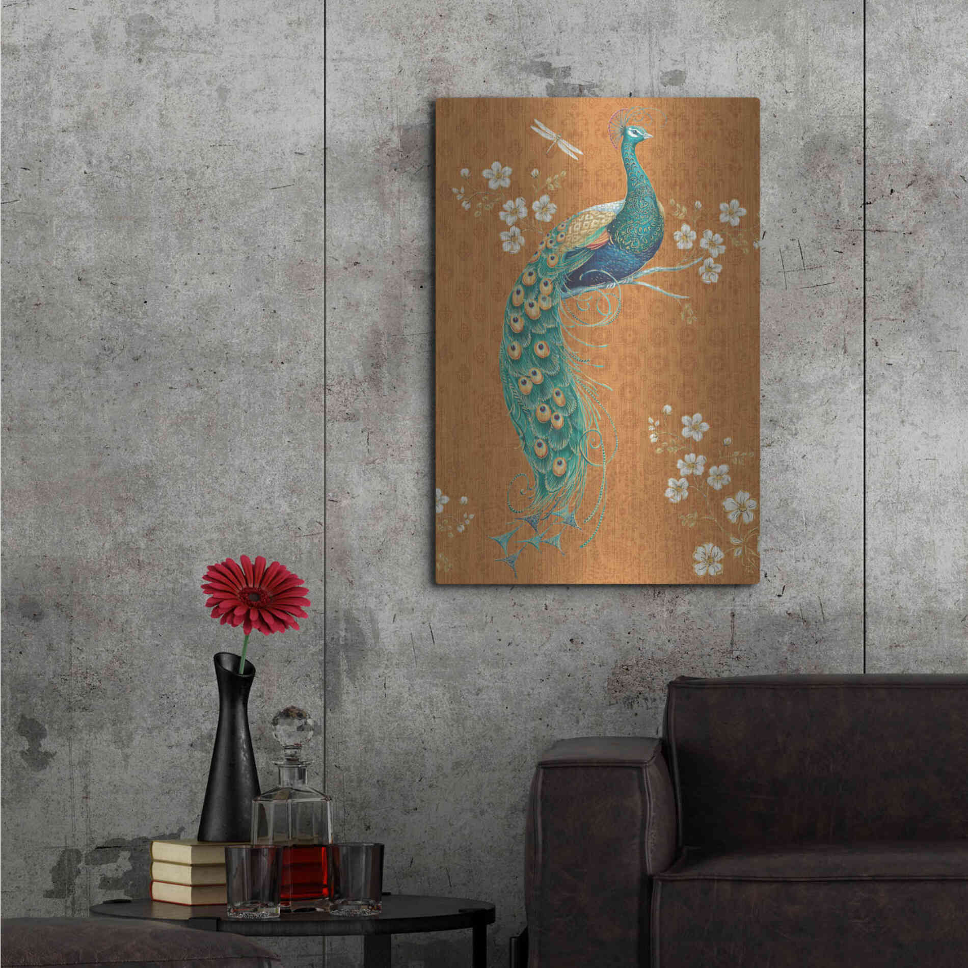 Luxe Metal Art 'Ornate Peacock IX Spice' by Daphne Brissonet, Metal Wall Art,24x36