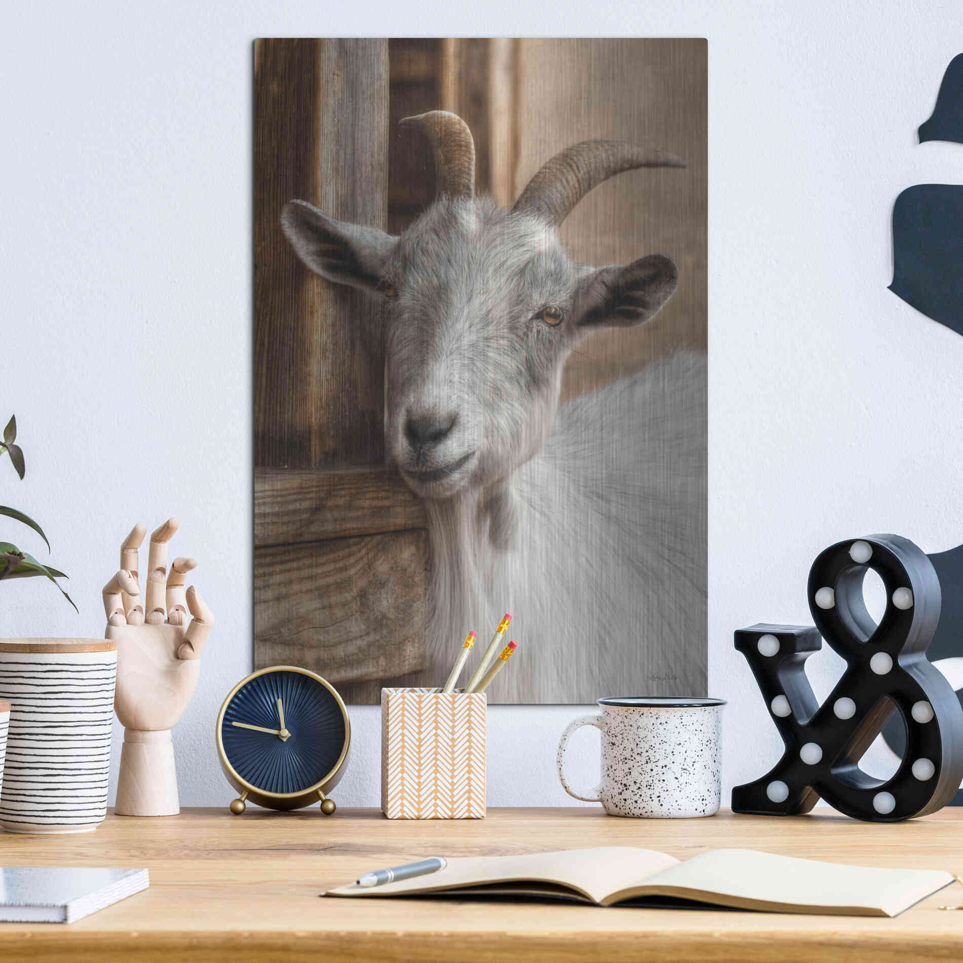 Luxe Metal Art 'Gray Goat' by Lori Deiter, Metal Wall Art,12x16