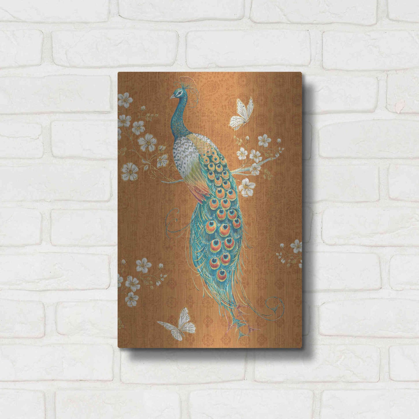 Luxe Metal Art 'Ornate Peacock X Spice' by Daphne Brissonet, Metal Wall Art,12x16