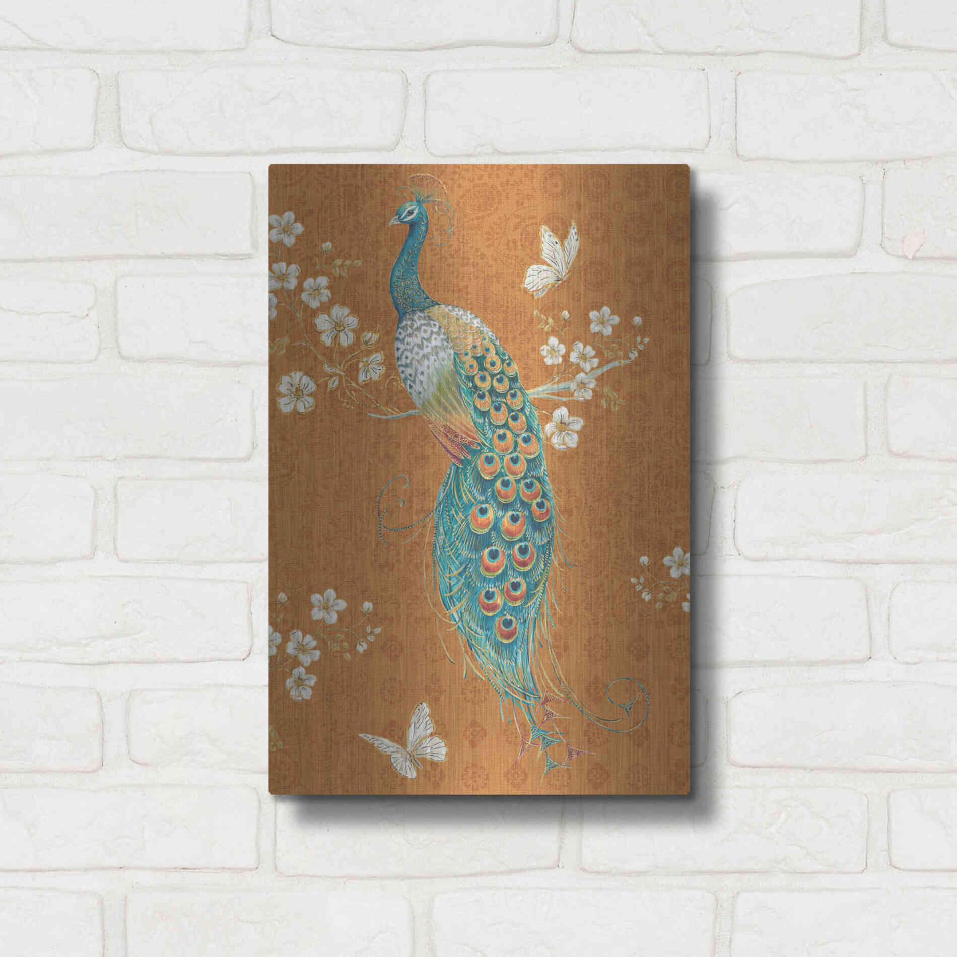 Luxe Metal Art 'Ornate Peacock X Spice' by Daphne Brissonet, Metal Wall Art,12x16