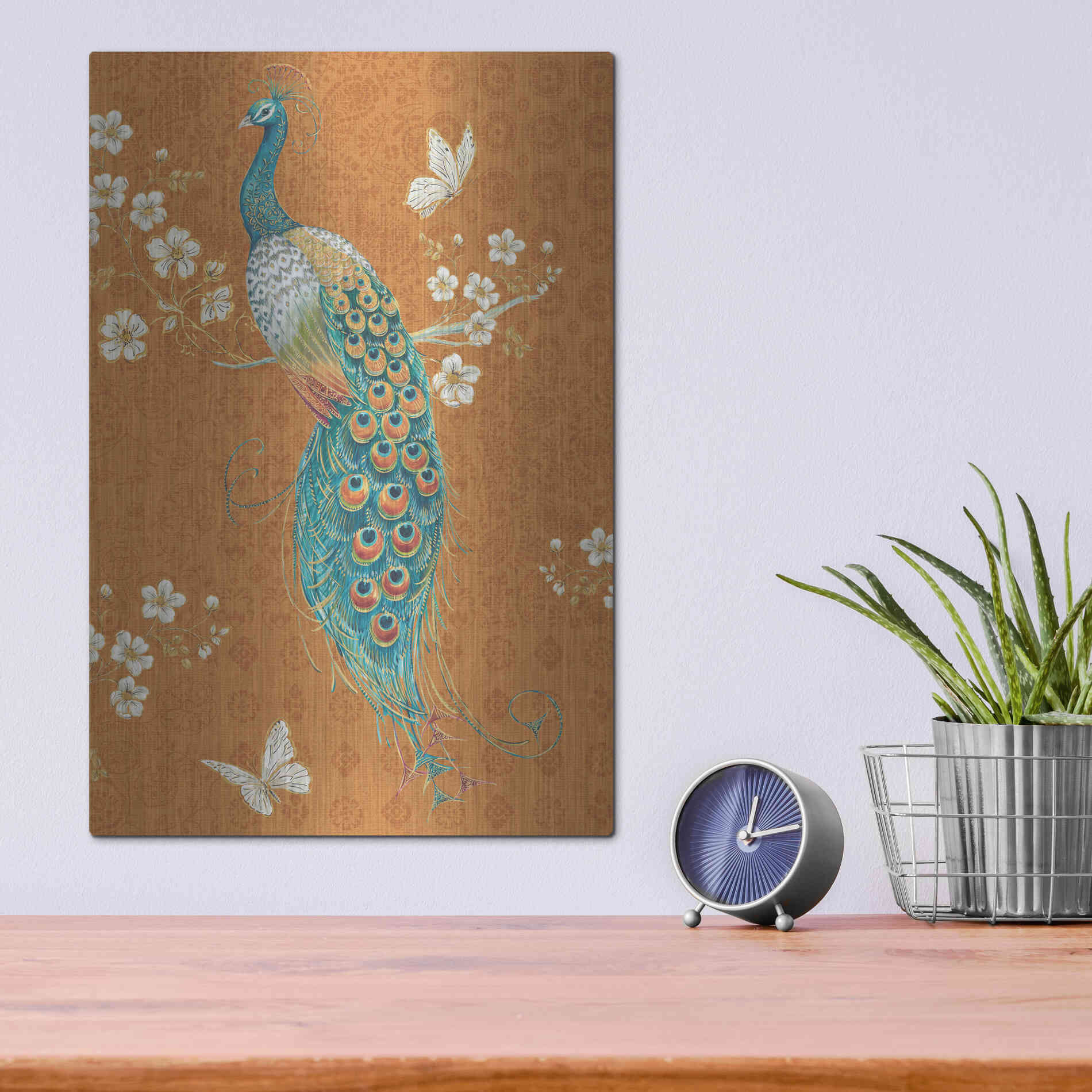 Luxe Metal Art 'Ornate Peacock X Spice' by Daphne Brissonet, Metal Wall Art,12x16