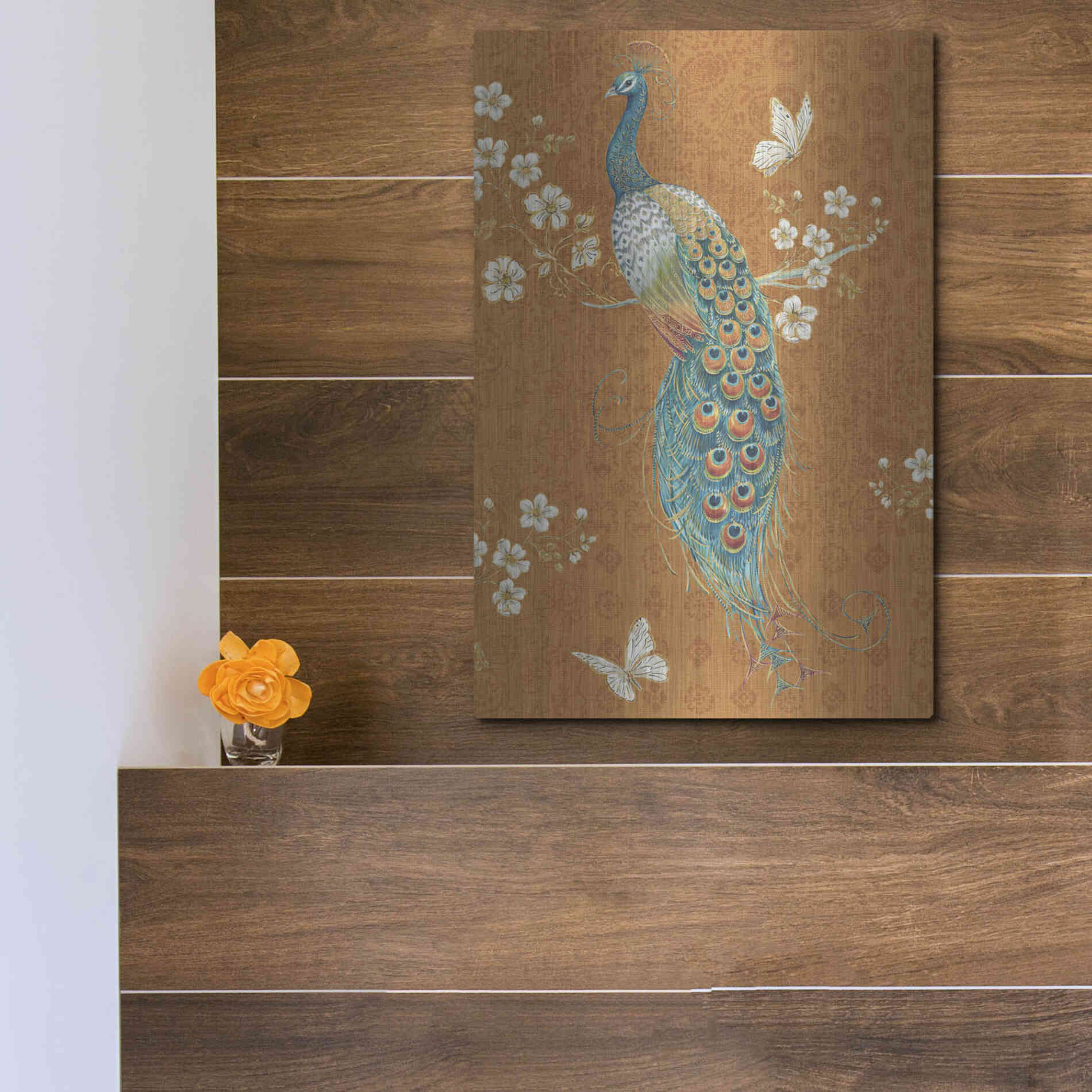 Luxe Metal Art 'Ornate Peacock X Spice' by Daphne Brissonet, Metal Wall Art,12x16