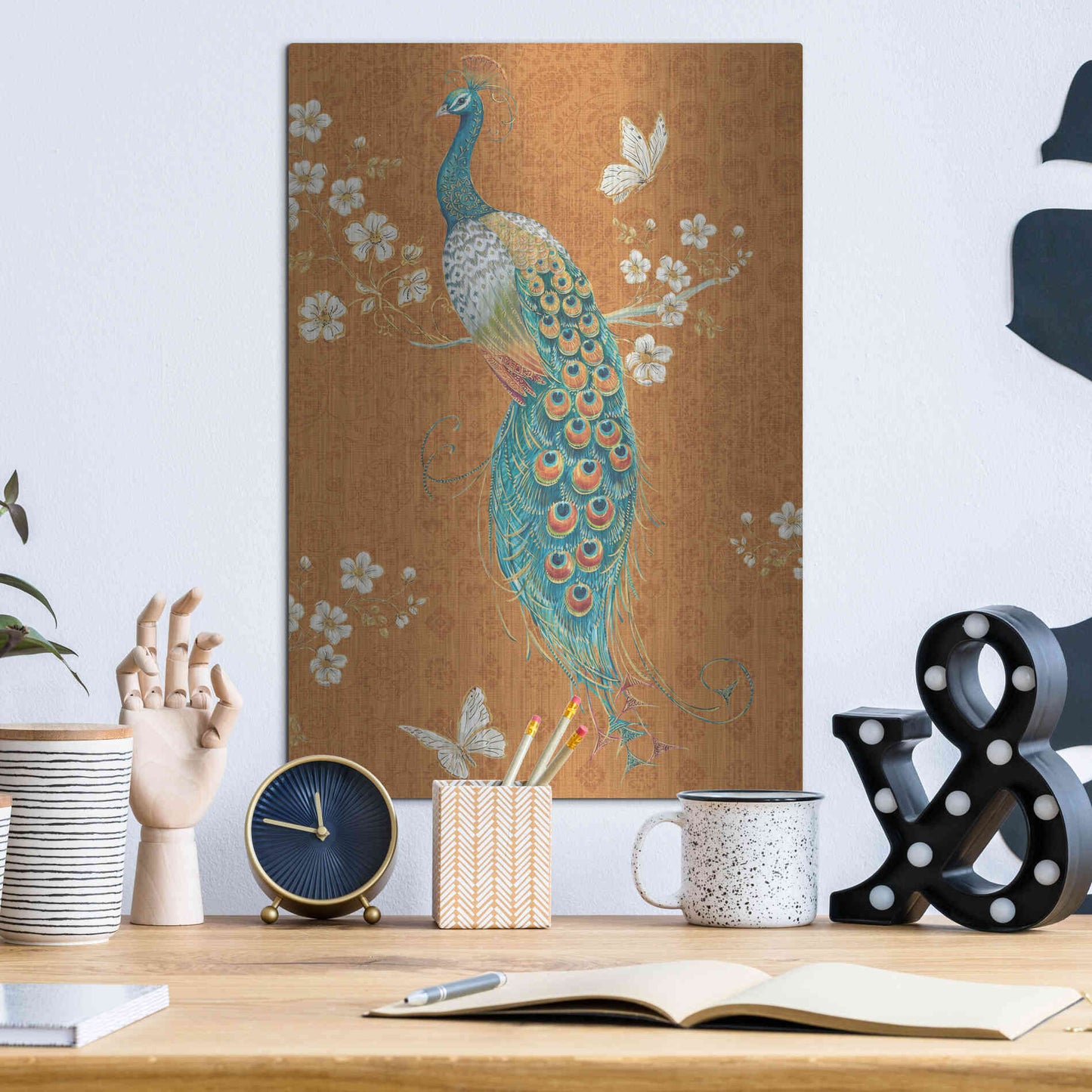 Luxe Metal Art 'Ornate Peacock X Spice' by Daphne Brissonet, Metal Wall Art,12x16