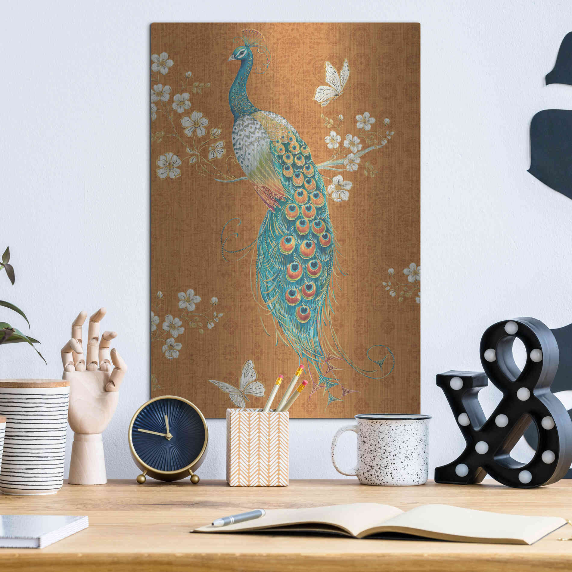 Luxe Metal Art 'Ornate Peacock X Spice' by Daphne Brissonet, Metal Wall Art,12x16