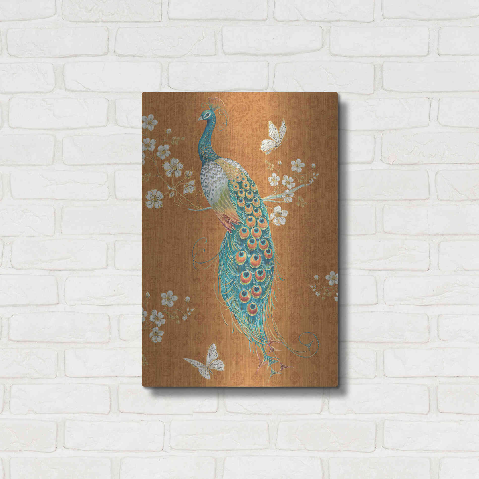Luxe Metal Art 'Ornate Peacock X Spice' by Daphne Brissonet, Metal Wall Art,16x24