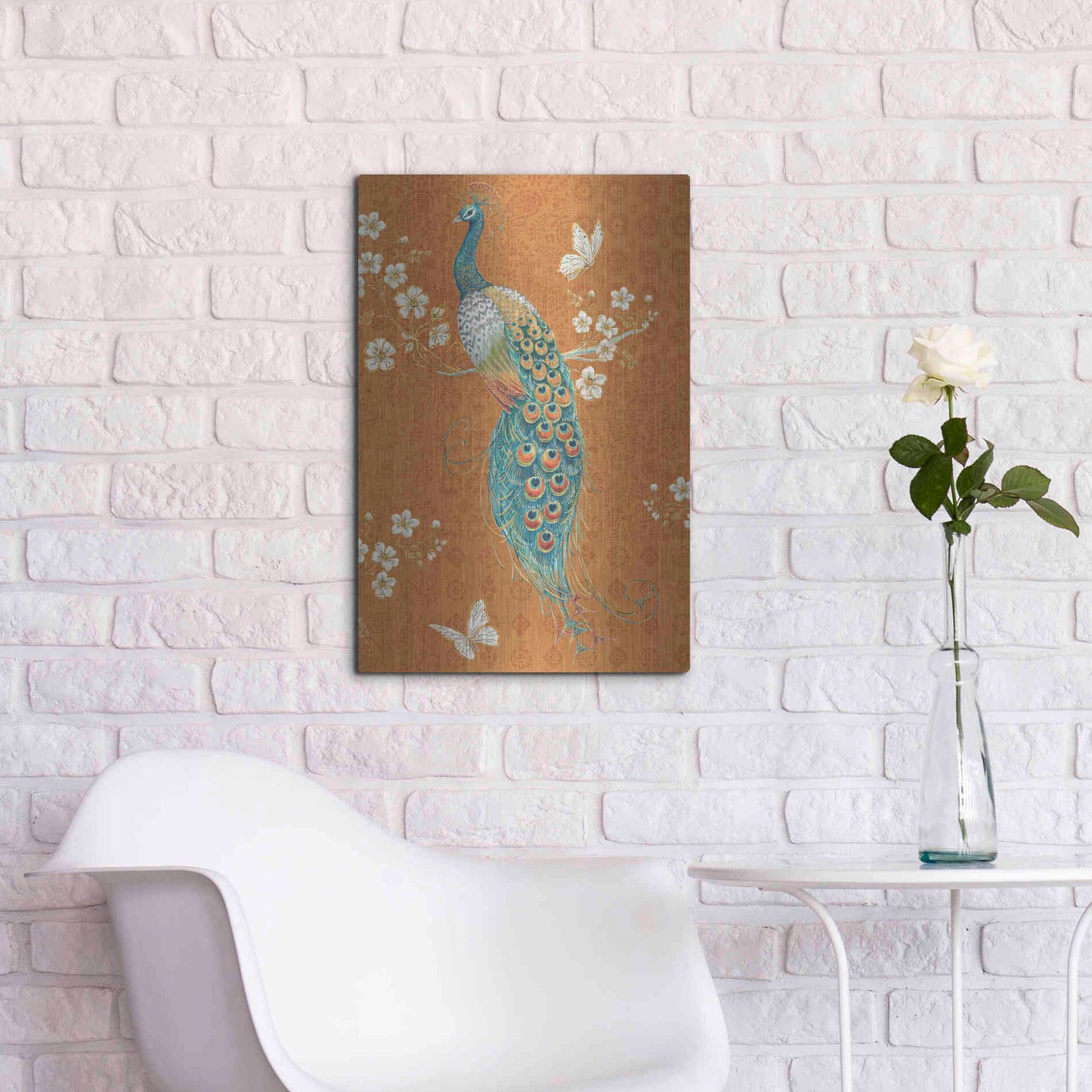 Luxe Metal Art 'Ornate Peacock X Spice' by Daphne Brissonet, Metal Wall Art,16x24