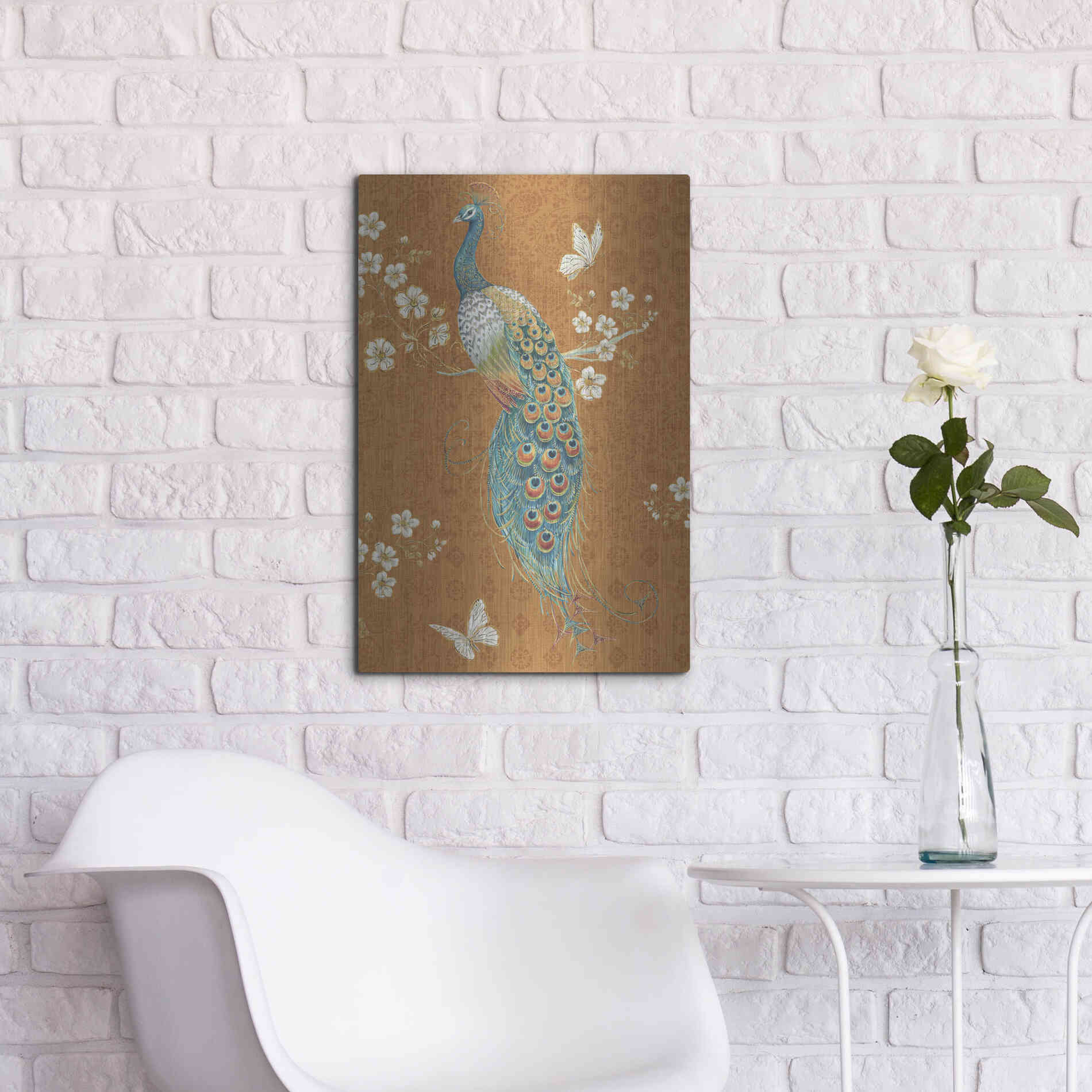 Luxe Metal Art 'Ornate Peacock X Spice' by Daphne Brissonet, Metal Wall Art,16x24
