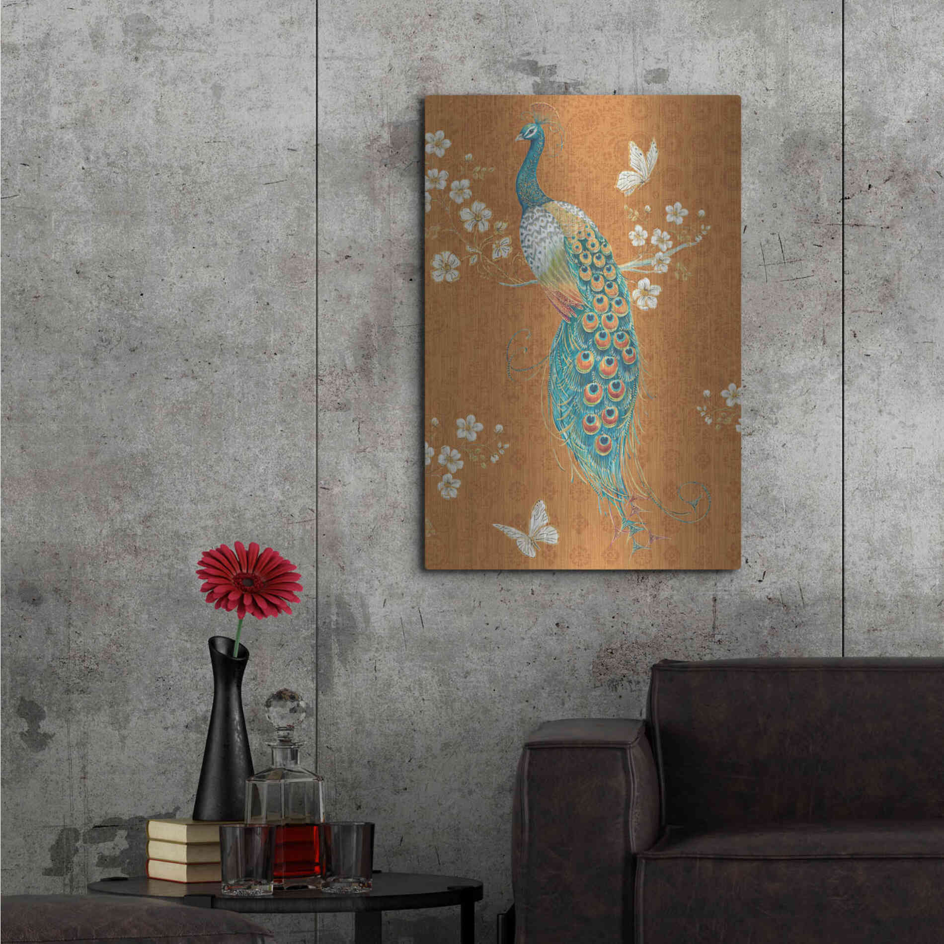 Luxe Metal Art 'Ornate Peacock X Spice' by Daphne Brissonet, Metal Wall Art,24x36