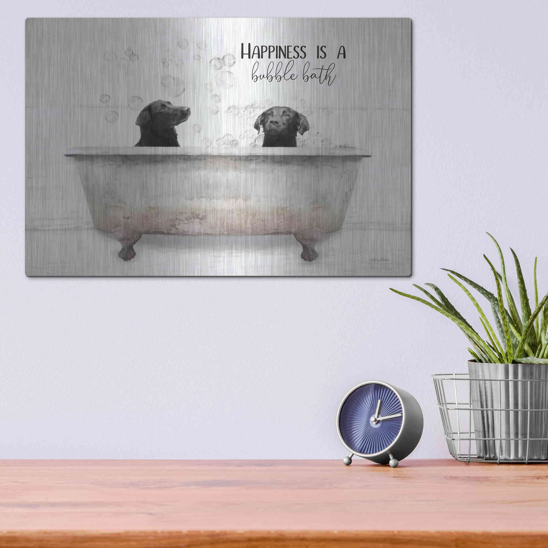 Luxe Metal Art 'Happiness is a Bubble Bath' by Lori Deiter, Metal Wall Art,16x12