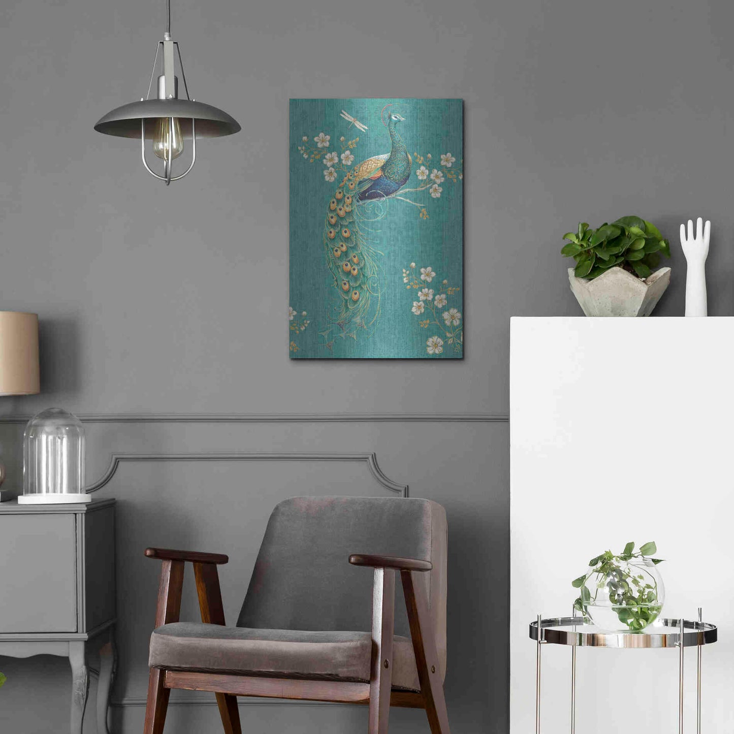 Luxe Metal Art 'Ornate Peacock IXD' by Daphne Brissonet, Metal Wall Art,16x24