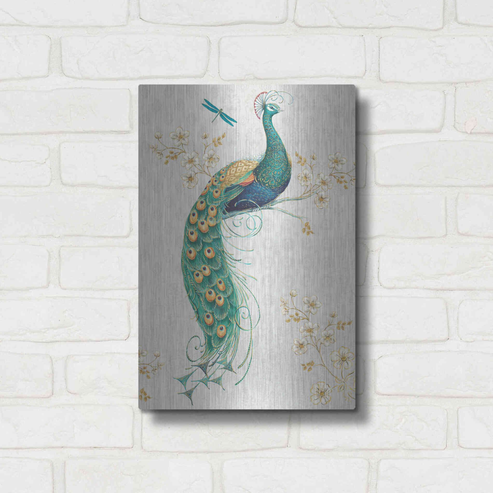 Luxe Metal Art 'Ornate Peacock IXA' by Daphne Brissonet, Metal Wall Art,12x16