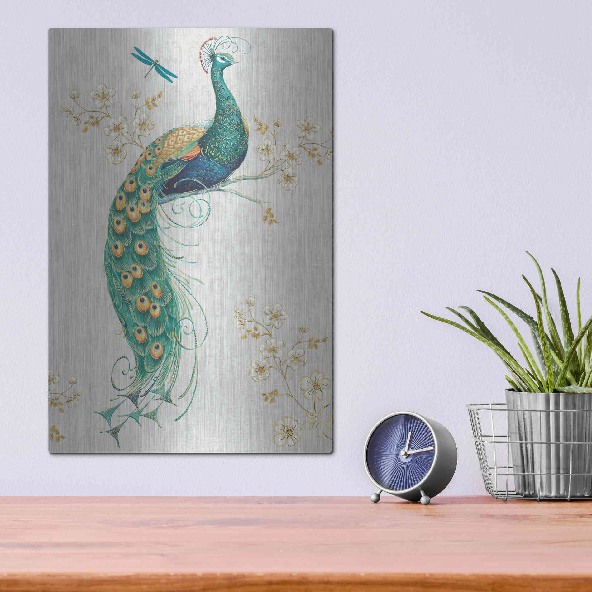 Luxe Metal Art 'Ornate Peacock IXA' by Daphne Brissonet, Metal Wall Art,12x16
