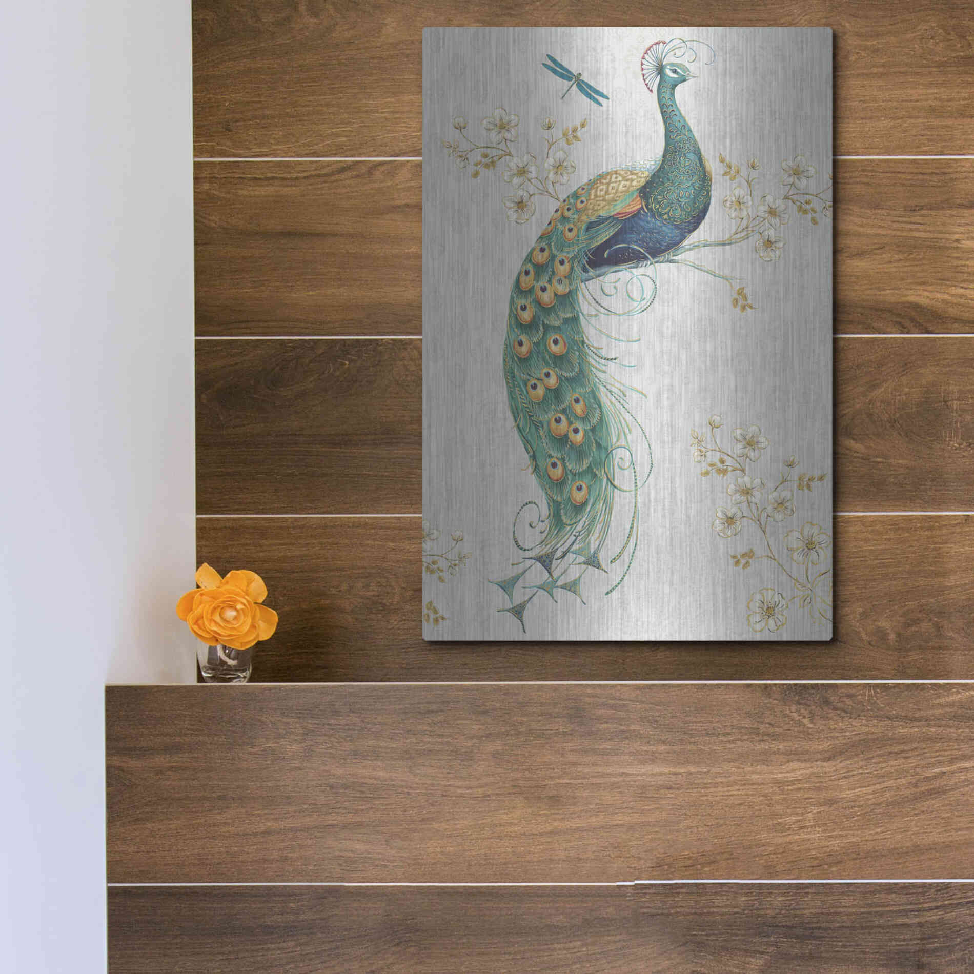 Luxe Metal Art 'Ornate Peacock IXA' by Daphne Brissonet, Metal Wall Art,12x16
