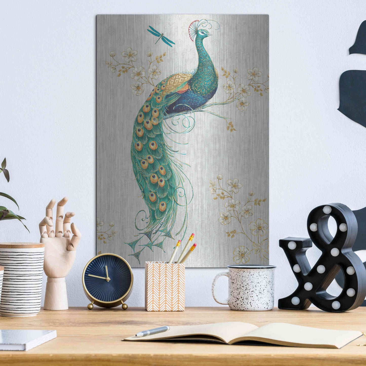 Luxe Metal Art 'Ornate Peacock IXA' by Daphne Brissonet, Metal Wall Art,12x16